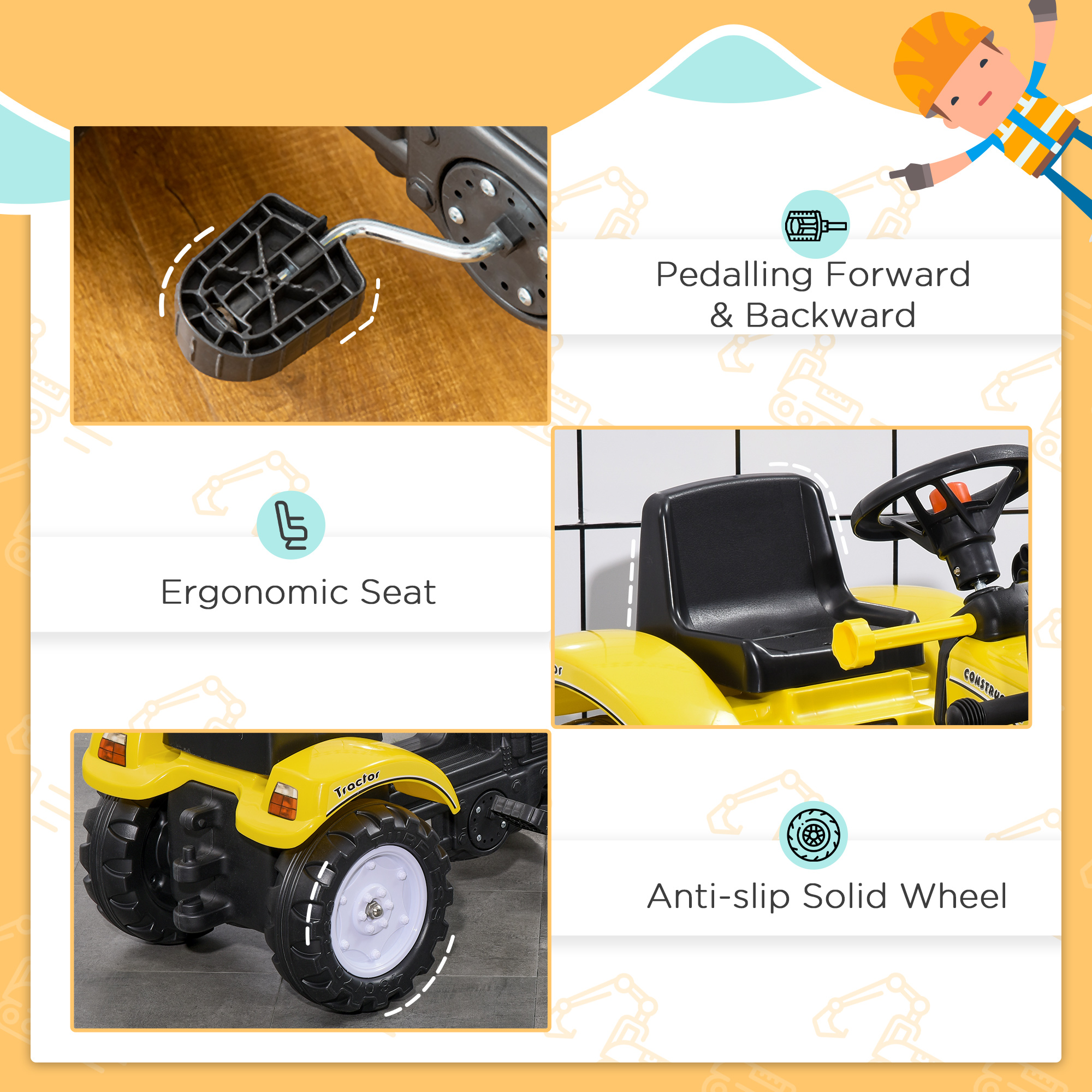 Pedal Go Kart Ride-On Excavator with Front Loader for Kids