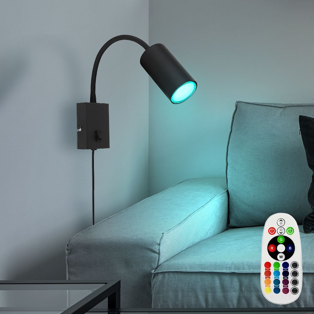 Dimmable Led Wall Lamp With Remote Control Bedroom Lamp With Plug Reading Lamp, Rgb Color Changing, Flexible, Switch, Black Metal, 3.5w 290lm Warm White, Lxbxh 32x7x44 Cm