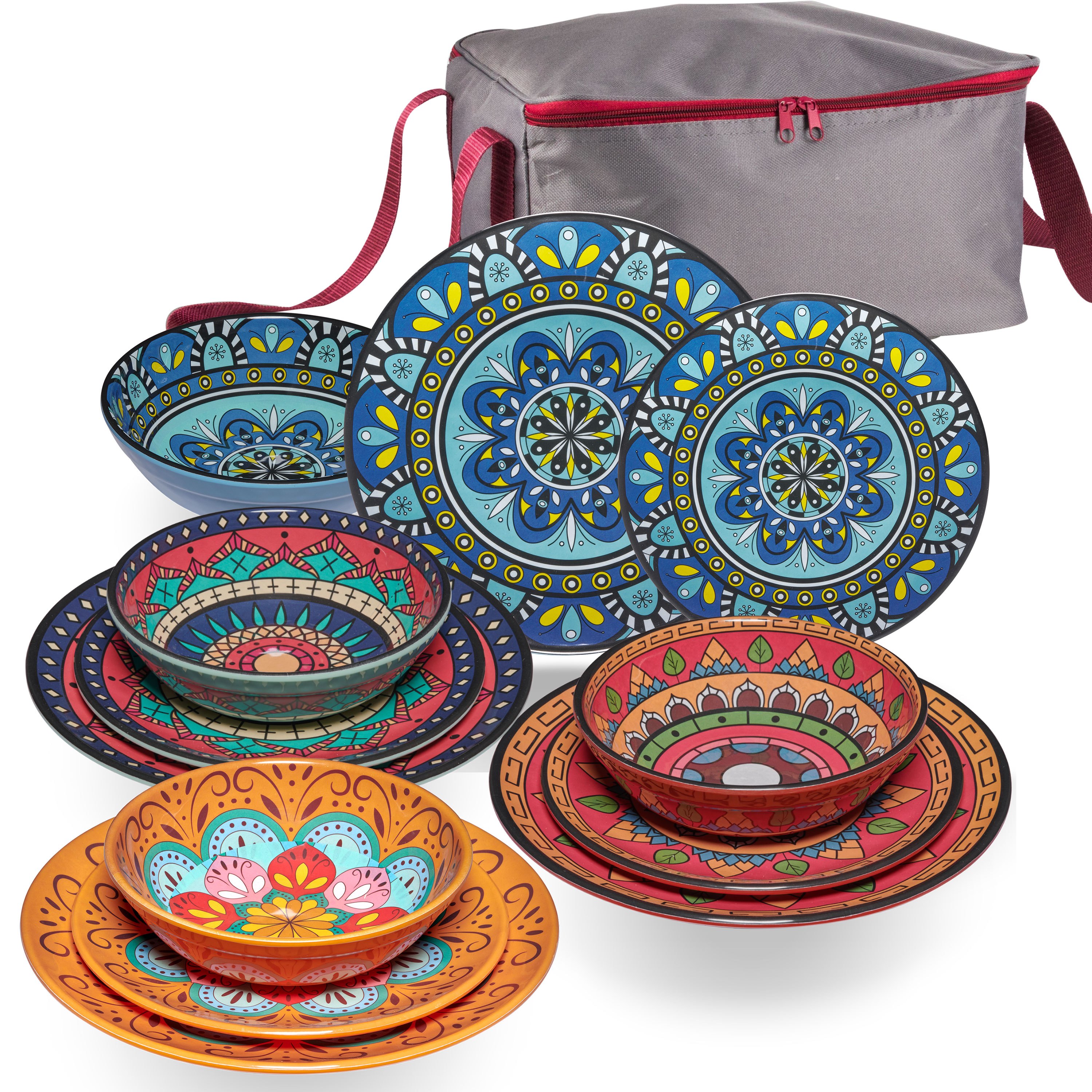 Melamine Dish Set For - 13pcs With Bag - Colorful - Mandala Optics Dishwasher Safe Tableware Camping Accessories Camping Dishware Camping Festival Picnic Garden Party