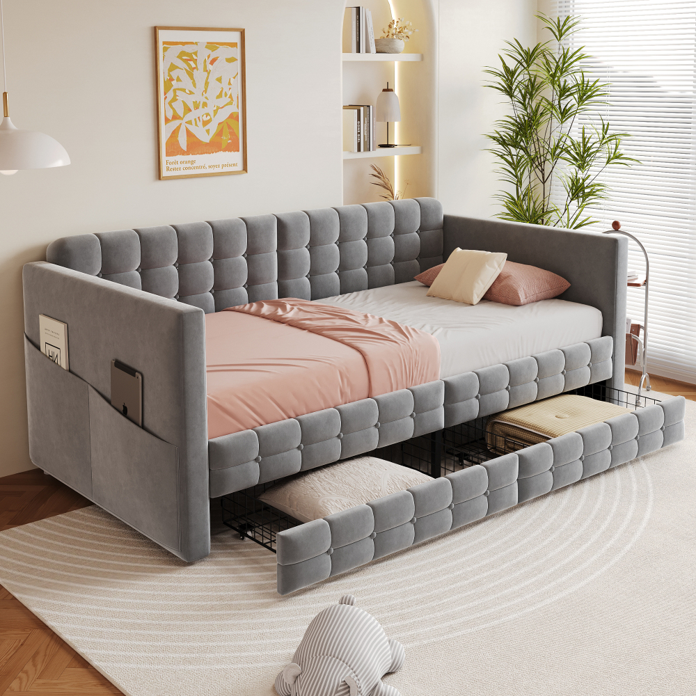 Grey Velvet Upholstered Bed 90x190cm (overall 202.4x99x78.5cm), Classic Checkered Pattern With Button Prints, 2 Side Pockets + 2 Under-bed Drawers, Sturdy Slatted Base, Skin-friendly For Bedroom