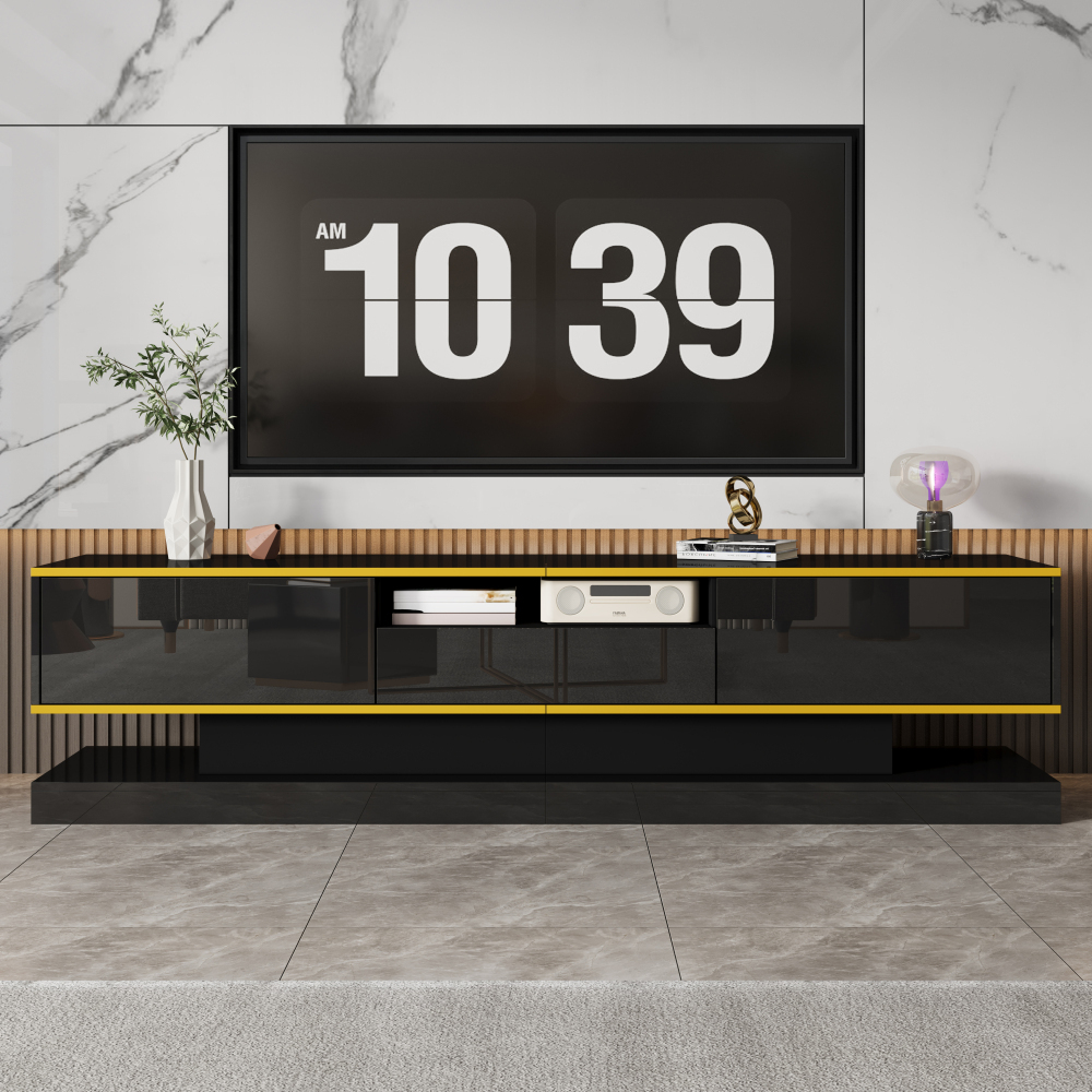 Image of Design Tv Cabinet High-gloss Black With Golden Details Tv Stand With 3 Spacious Drawers Living Room Table Media Unit Elegant Optics, 180*38*45cm