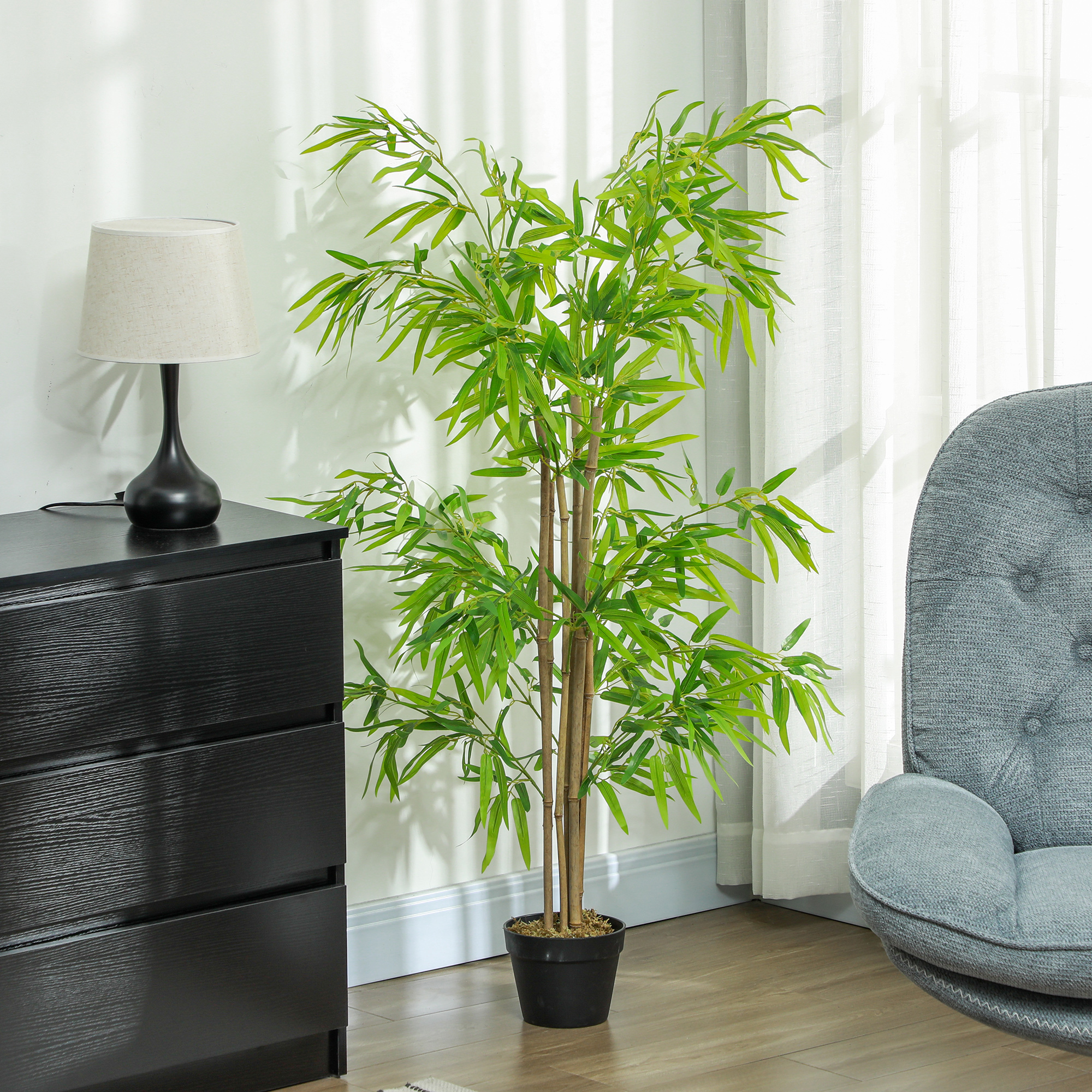 Large Artificial Bamboo 150cm Fake Plant, Plastic Artificial Plants In Pot, Bamboo With Realistic Moss For Living Room Bedroom Office Garden Modern Decoration