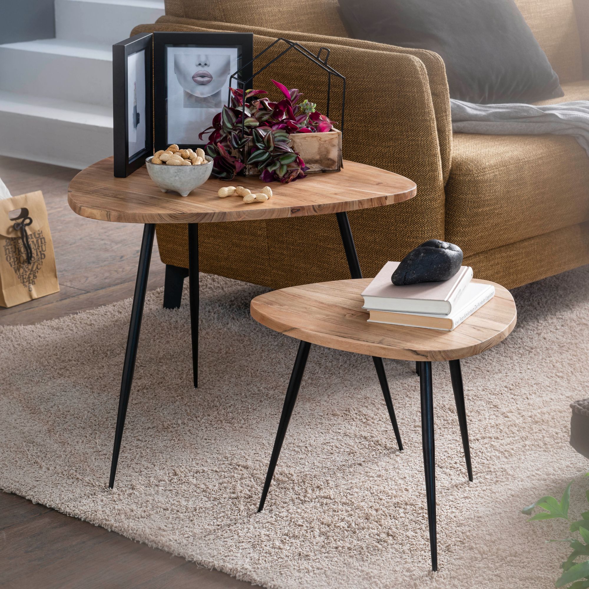Image of Of Acacia Solid Wood / Metal Coffee Table Small, Design Side Table Set Of 2 Wooden Tables, Living Room Table With Metal Frame