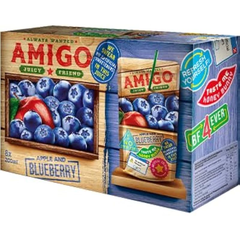 Amigo Softdrink "juicy Friend" & Blueberry – 8 X 200 Ml | -blueberry Drink | With Vitamins | Drink Pouches For School & On The Go