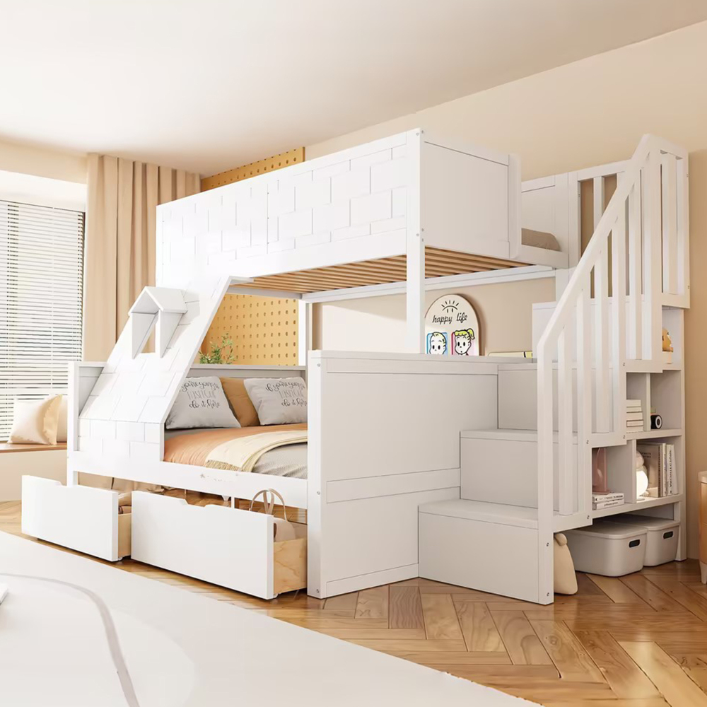 Solid Pine Wood Loft Bed With Stairs & Storage Space, 2 Drawers, 90×200cm + 140×200cm, Durable & Stable, Space-, Modern Slatted Design, For Bedrooms & Small Spaces