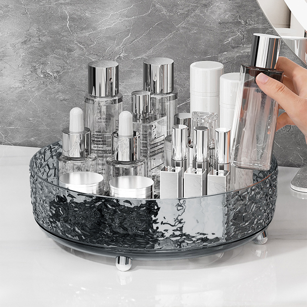 TEMU Clear Rotating Cosmetic Storage Tray With Textured Pattern 28*28*9cm Open Style Organizer For Vanity Table Desktop Skincare Perfume Display For