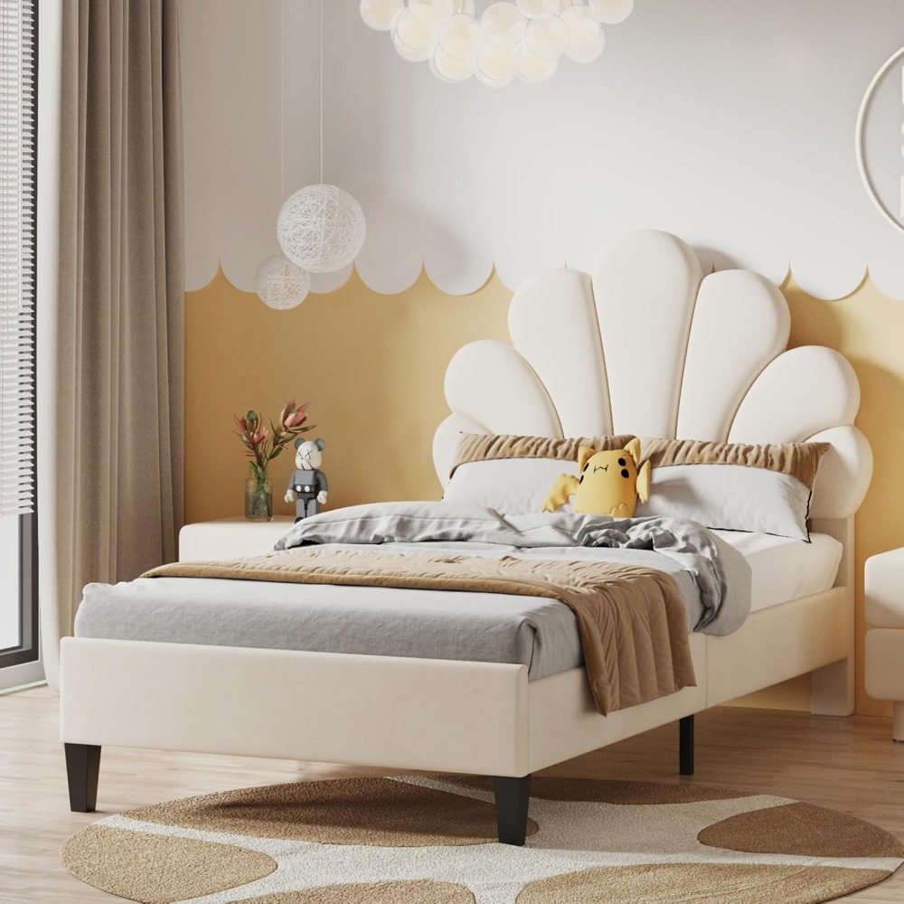 Image of Simple Bed, Universal Bed Frame, Upholstered Bed, Wooden Bed Frame, 90x200cm, Velvet Petal-shaped Headboard, Comfortable And Warm, Beige, Rose. Mattress Not Included.