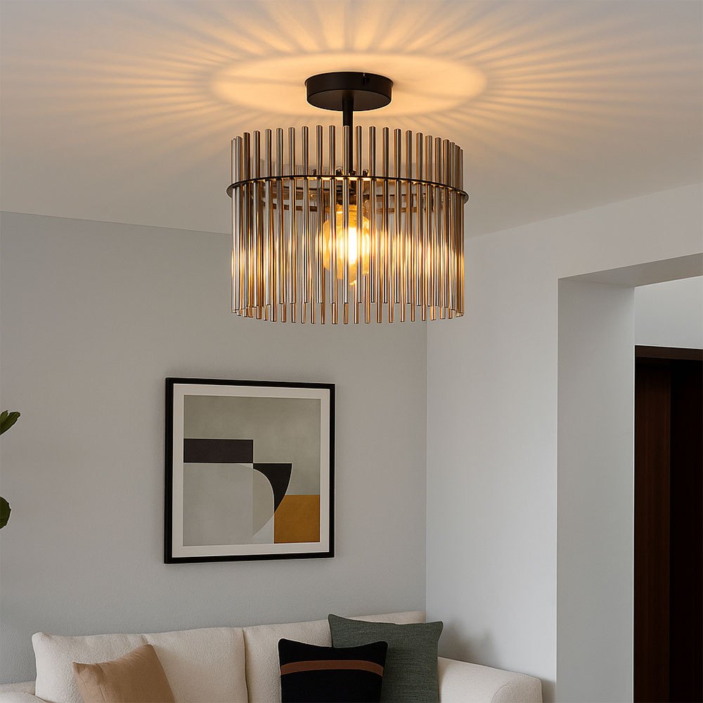 Image of Smoke-colored Glass Rod Ceiling Lamp, Oval Living Room And Bedroom Ceiling Light, 1x E27, Lxwxh 40x22x34 Cm