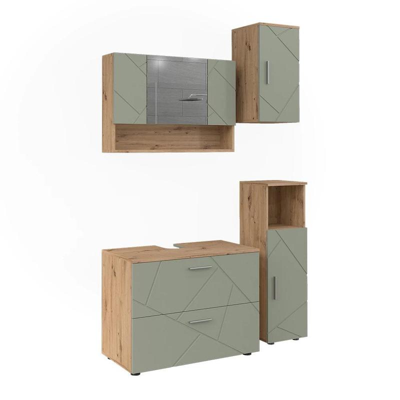Image of Irma Bad Furniture Set, 4pcs Bathroom Set, Bathroom Cabinet Set With Sink Cabinet, Set With Mirror Cabinet, 16 Mm Chipboard, Sage Green.