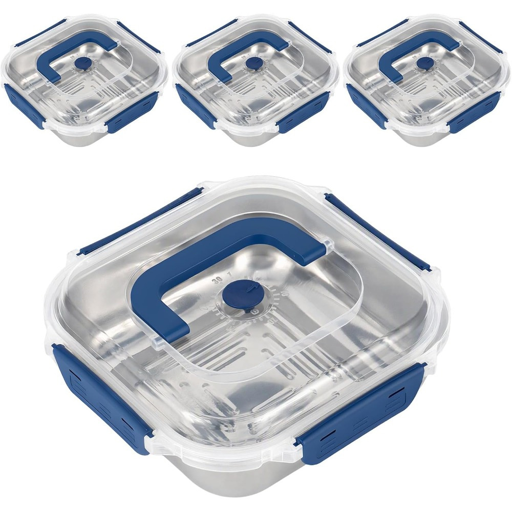 TEMU 4pcs Stainless Steel Food Storage Containers, Airtight Locking Lid Meal Prep Boxes With Time‑recording Dial & Handle, Leak‑proof Refrigerator