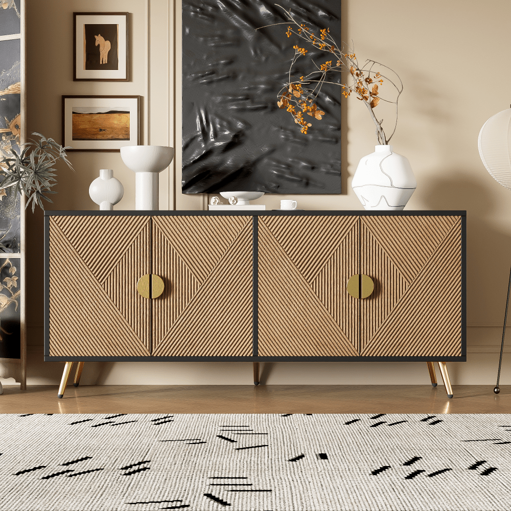 Sideboard With | Wood Colors & Black-gold | Semi-circular Handles | Hinges | Living Room Dining Room