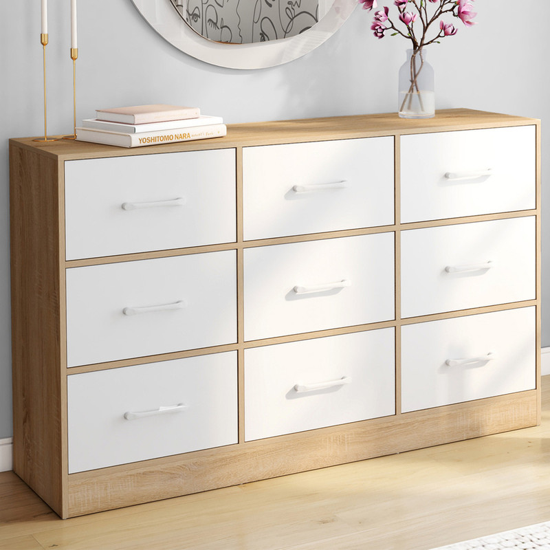 TEMU Commode 9 tiroirs en tissu UPPAH 113 cm meuble de rangement bois façon hêtre et blanc