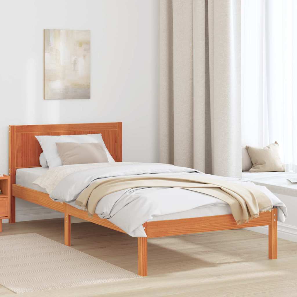 Image of Vidaxl Bed Frame Brown 90 X 200 Cm Solid Wood Pine, Modern Rectangular Wooden Bed Frame, Stylish And Durable Bedroom Furniture For A Relaxed Sleep