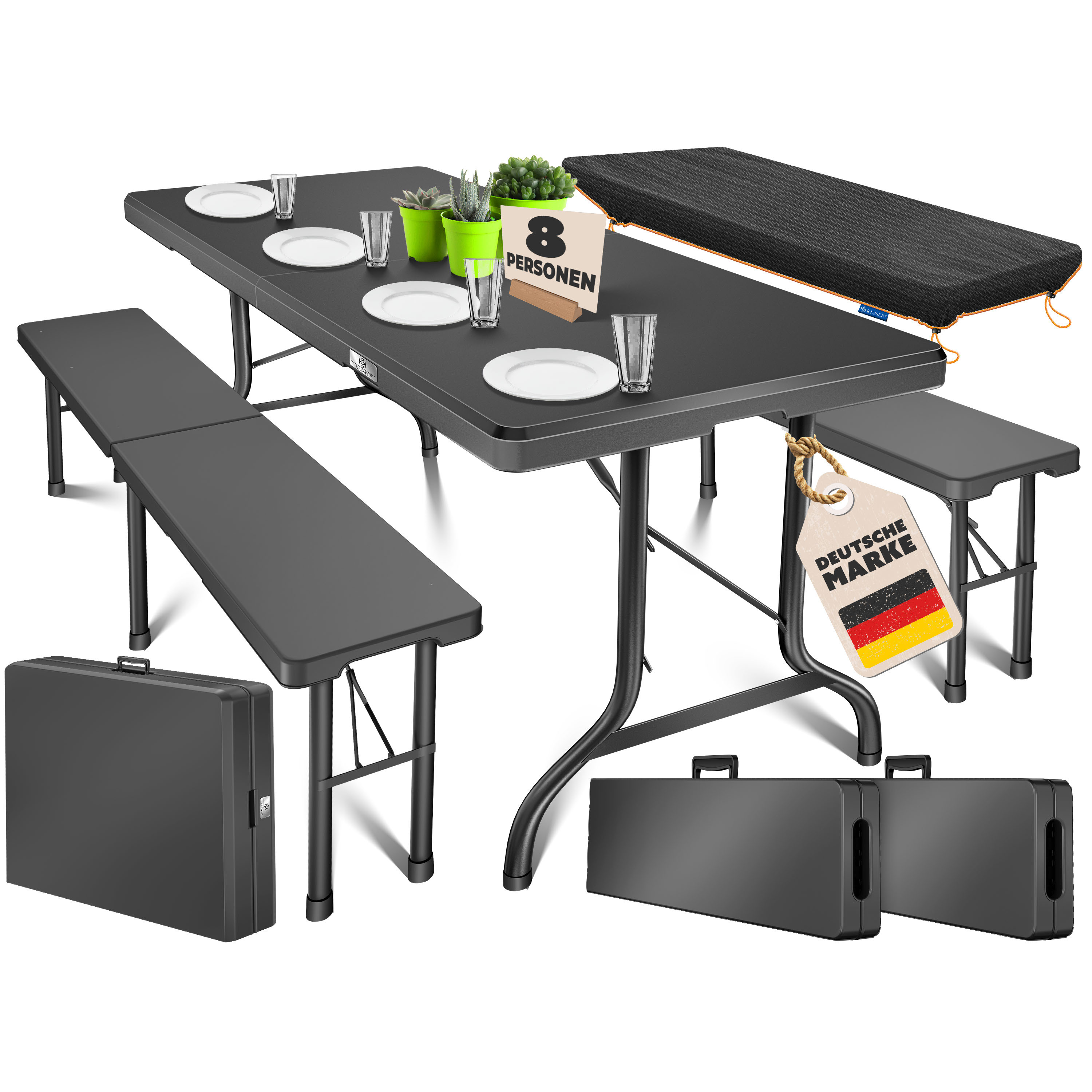 Image of Kesser® 3-piece Beer Tent Set With Table & 2 Benches | Folding Buffet Table For Indoor & Outdoor Garden Set, 183x76x74cm, Plastic Folding Table With Rattan-look, Includes Cover & Carrying Handles