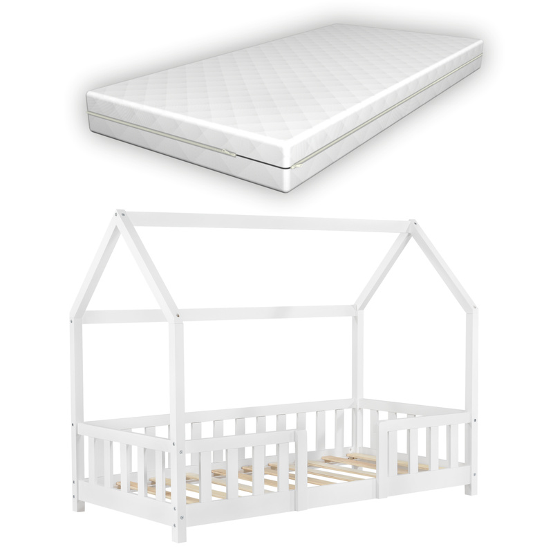 Children's Bed In House Design With Mattress And Drop-side Protection, Pine Wood