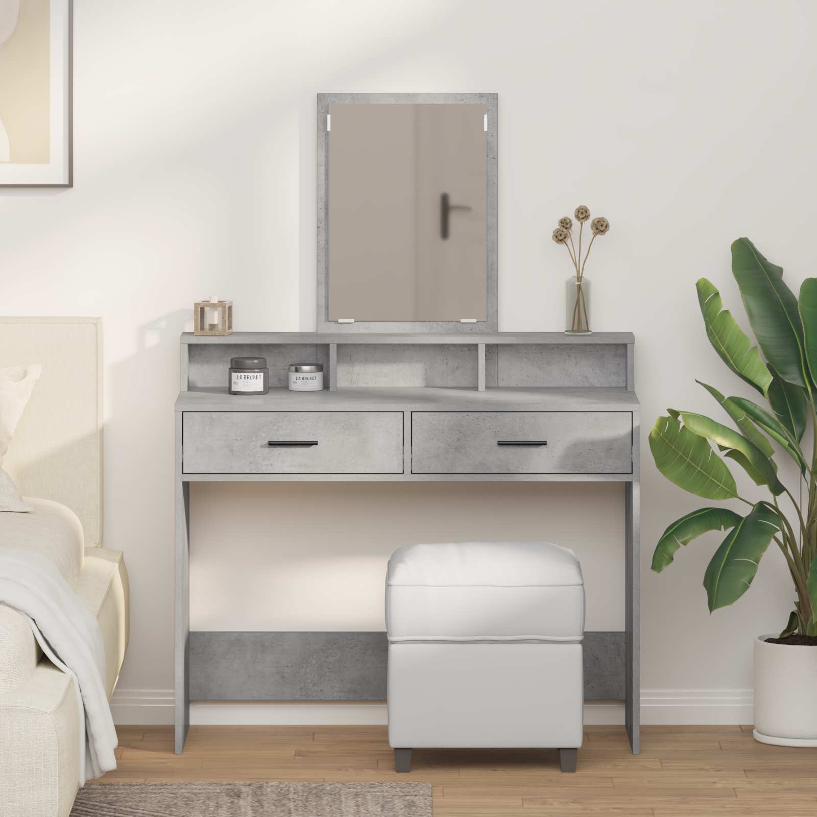 Image of Vidaxl Makeup Table Concrete Gray 100 X 41 X 140 Cm Wood, Modern Bedroom Storage, Cool Dressing Table, Rectangular Makeup Table, Piece Of Furniture