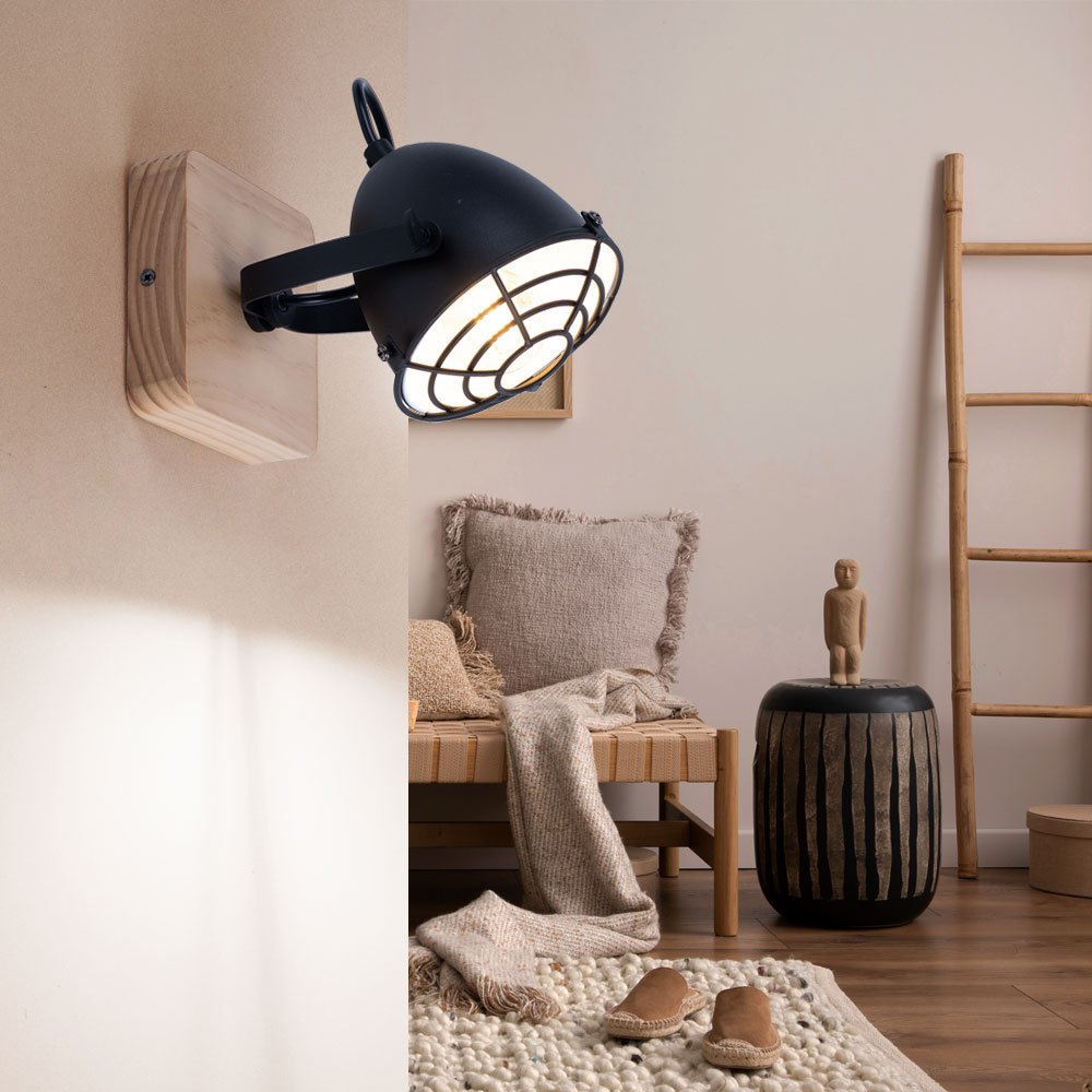Image of Wall Lamp Living Room Lighting Wall Lamp Dining Room Lamp Industrial, Metal Black Wood Optics, E14 Spot Movable, H 20.5 Cm