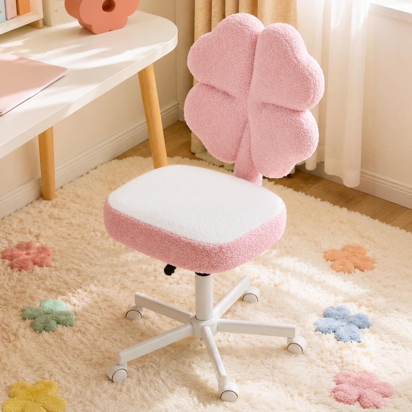 Image of Makeup Chair Without Armrests, Adjustable In Height, Desk Chair For Girls Made Of Teddy Fleece, Swivel Chair In Shape, For Home Office, Bedroom, Dressing Room, Pink.