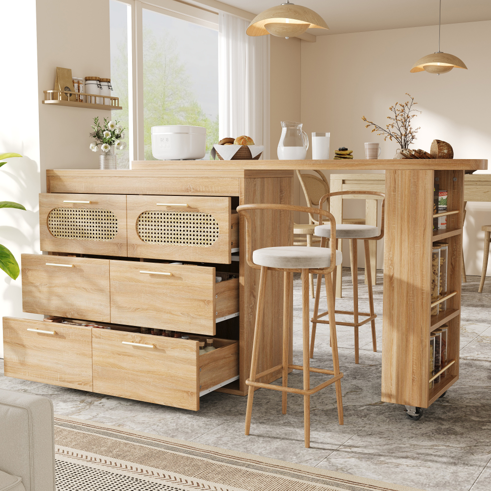 Image of Bar Table With Storage Space – 6 Drawers + Side Shelf, , Tilt Lock, Metal Handles, For Living Room & Dining Room & Kitchen & Balcony