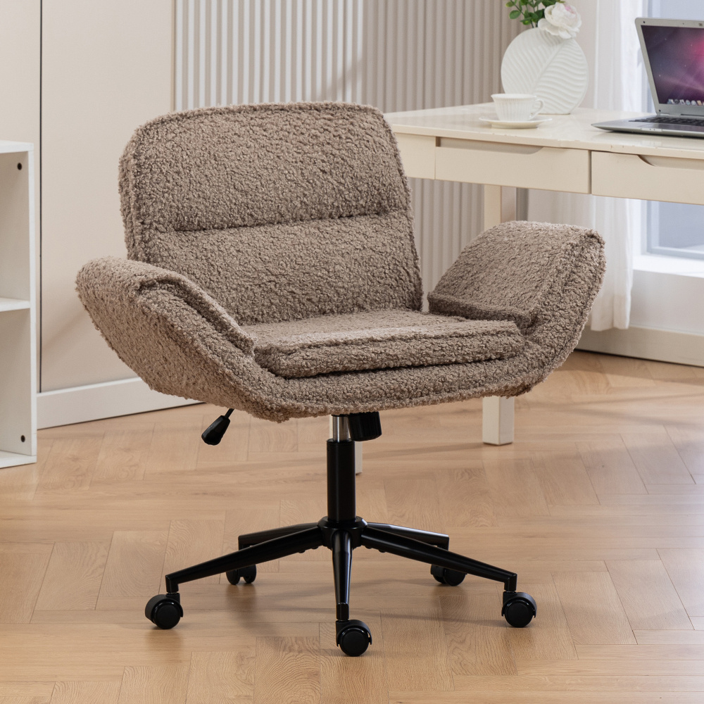 Image of 1-piece Set Brown Teddy Fleece Office Chair With Folding Armrests, Height Adjustable & Swivel, Soft Fluffy Material, Compact Size, Versatile Spinning Chair For Home Office, Desk & Living Room