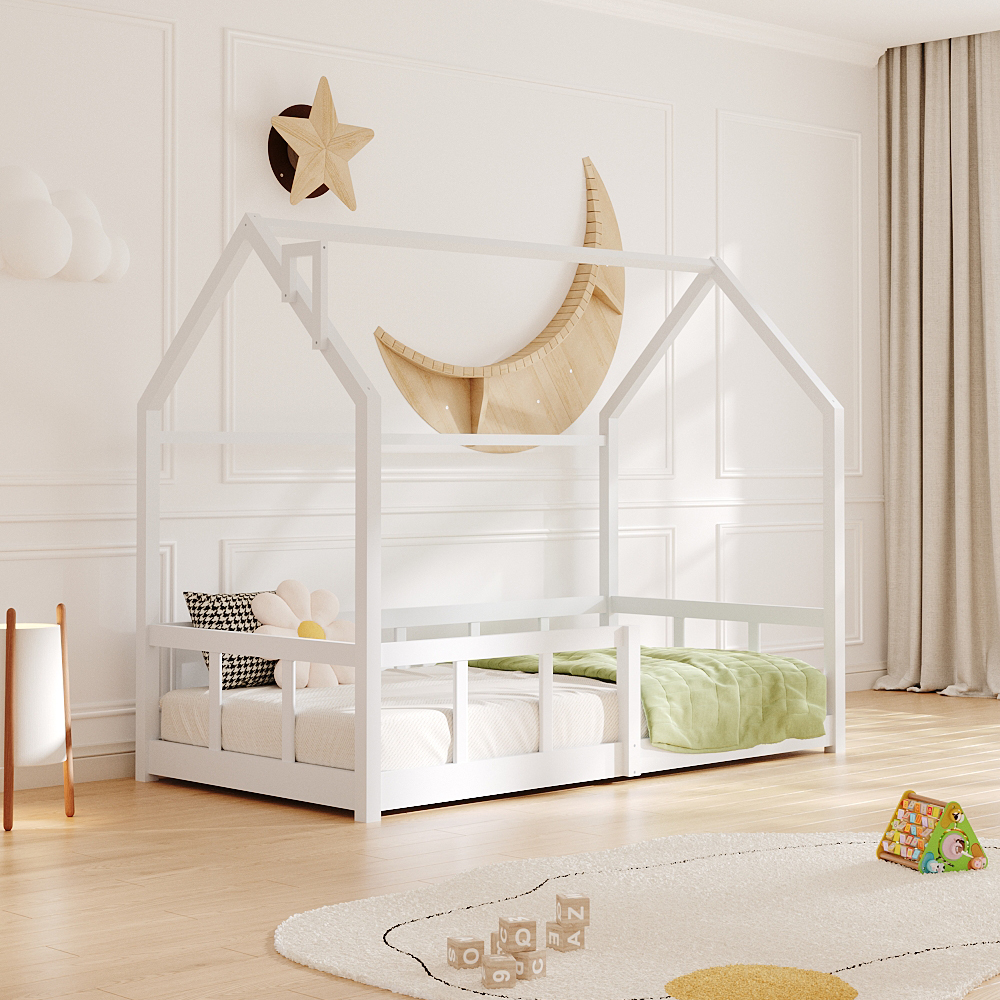 1pc Playful Treehouse Design Kids Bed Frame - 167×87×135cm Solid Pine Wood Construction, Safety Rails Included, Boys/Girls Bedroom Furniture (Mattress Excluded)