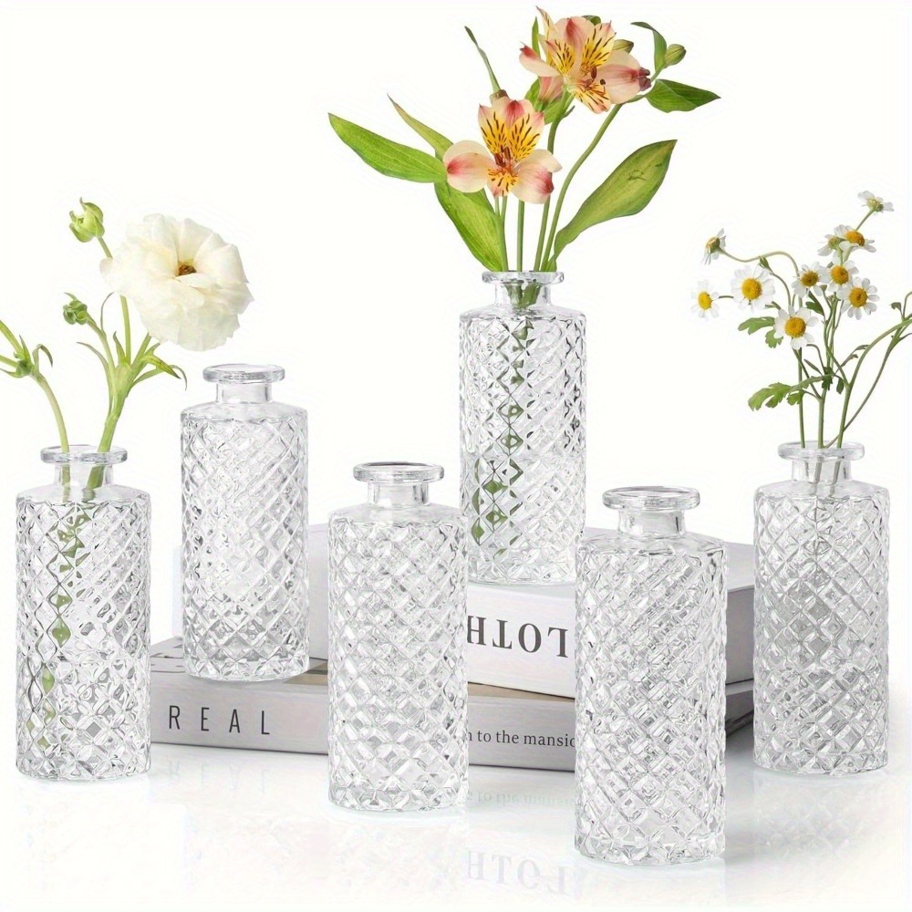 TEMU Glass Bud Vases Set Of 6, Small Diamond Bud Vases In Bulk, Mini Flowers Vases For Centerpieces, Vintage Bottle For Table Decorations, Wedding