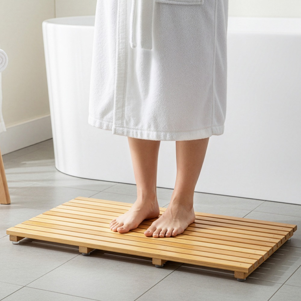 TEMU 60x35cm Bamboo Bath Mat With Rubber Feet - Anti-slip Wooden Board For Shower, Bathroom, Pool, Spa, Quick Drying Floor Mat For Indoor & Outdoor