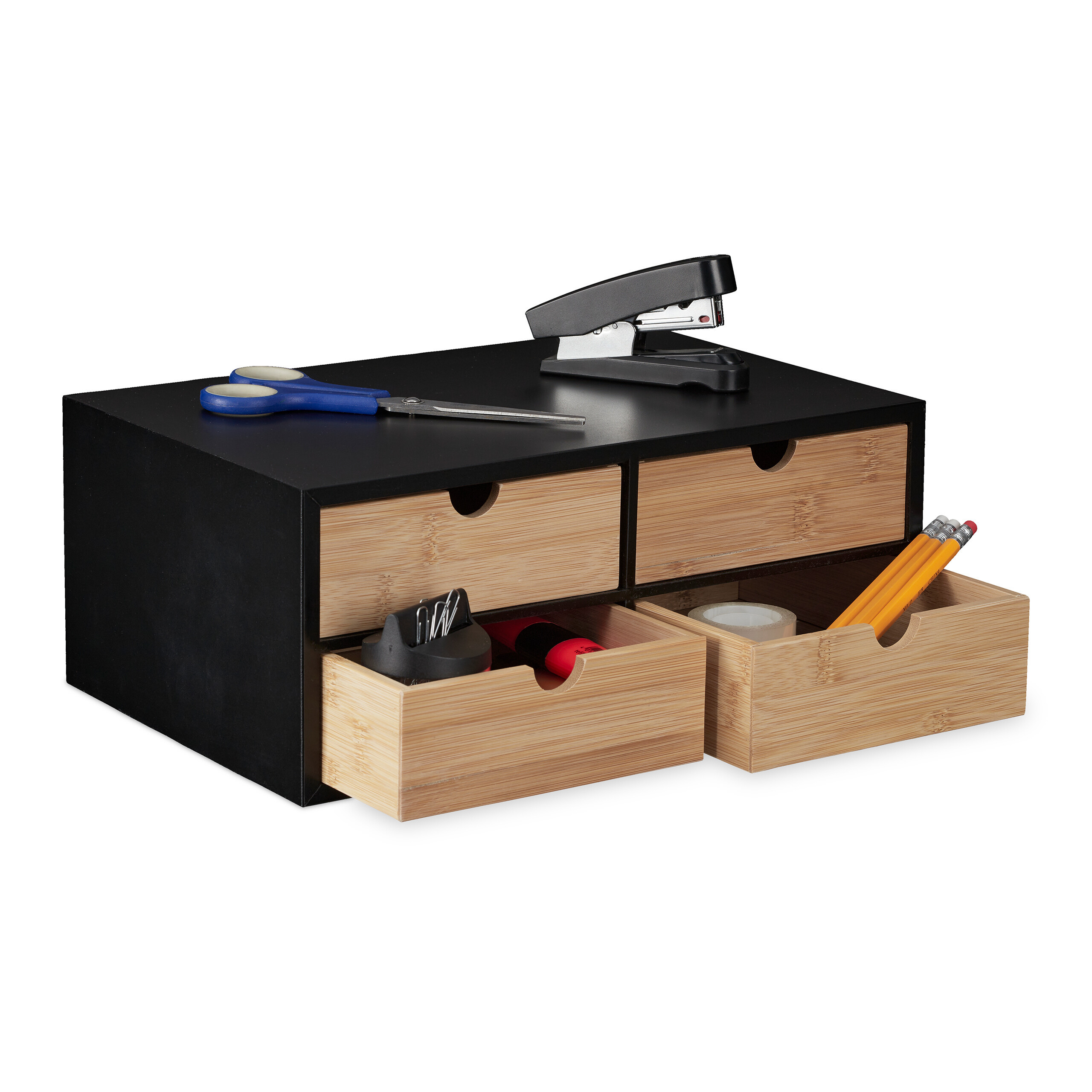 TEMU Desk Organizer, 4 Drawers, Bamboo And Mdf, 13.5 X 33 X 21 Cm, Black-natural, Storage For Pens, Sticky Notes, Cosmetics, And Jewelry, For Office,