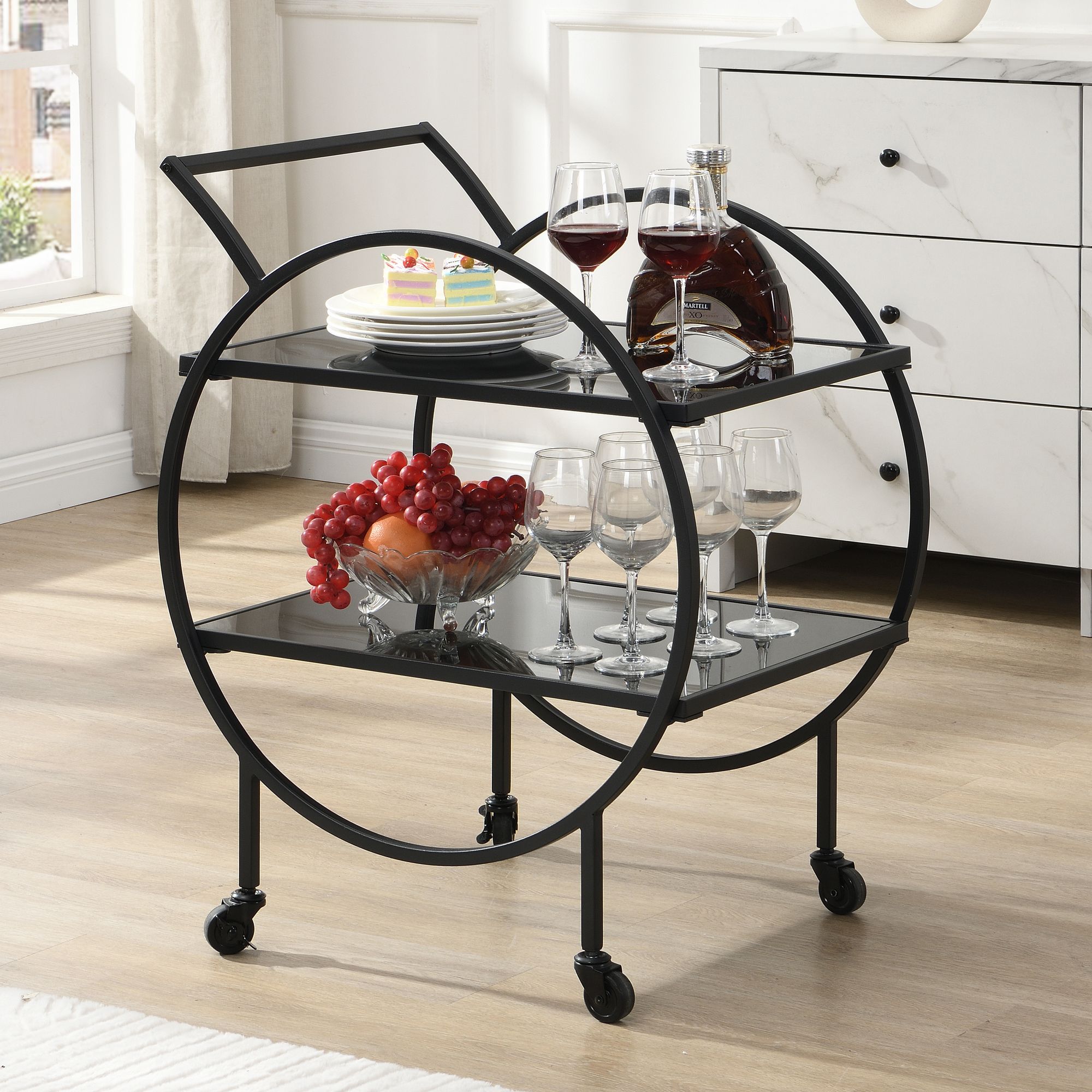 Image of Design Serving Cart With Wheels & Brake, 2 Open Levels With Black Glass, Bar Cart, Tea Cart, Multifunctional Roll Cart, Kitchen Cart For Dining Room, Kitchen, Bar