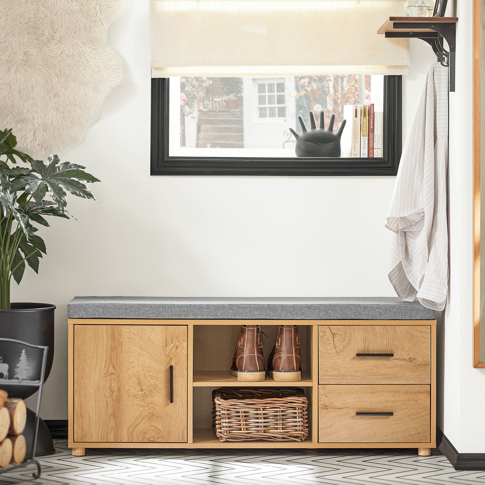 Image of Shoe Bench Shoe Shoe Cabinet With Storage Shoe Rack Narrow Bench Natural 110x47x35cm With 2 Flaps, 2 Drawers, Shelf For Hallway Floor.