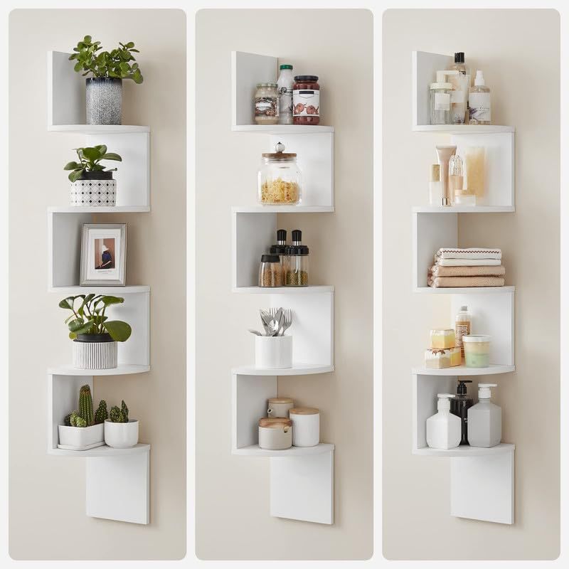 Set Of 2pcs Wooden Floating Shelves 5 Tier Wall Corner Shelf Storage Rack For Books, Plants, Figurines, Crafts Organizer Bookcase Bedroom, Kitchen, Office, And Living Room Display Stand White
