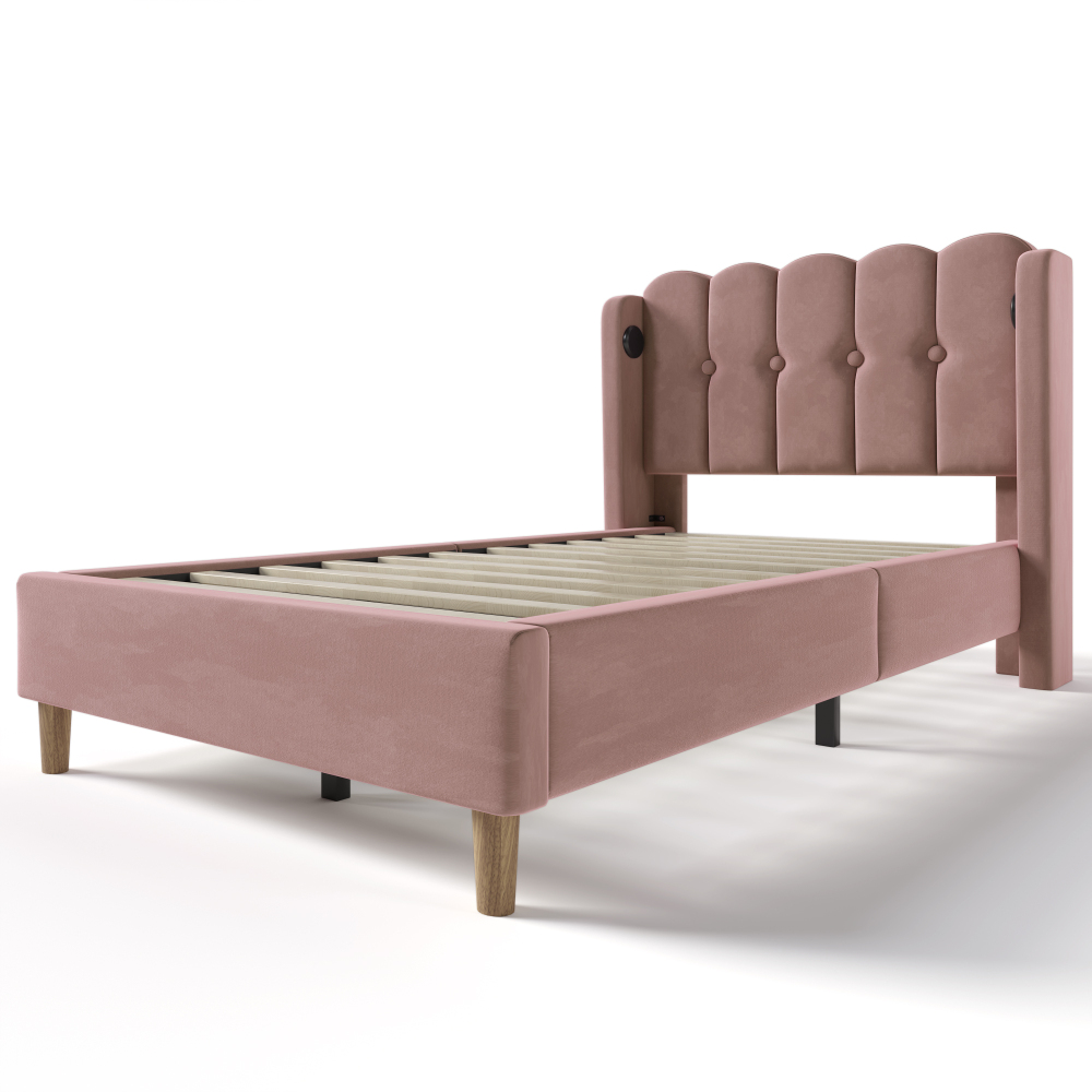 90 X 200 Cm, Pink Velvet Bed With Decorative Grid Headboard, Upholstered Wingback, Skin-friendly Cover, Stable Construction For Bedroom