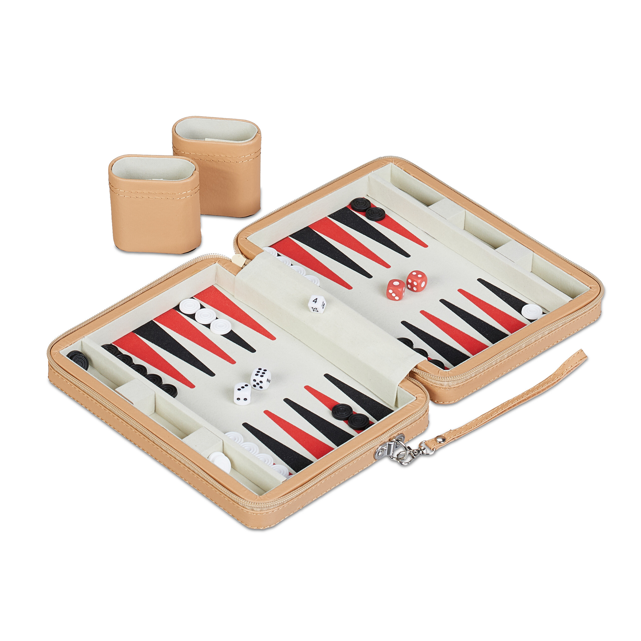 Image of Backgammon Travel Set, 5.5 X 24 X 18 Cm, Plastic And Mdf, Leather-look, Light Brown, With Bag, Zipper, Compartments, For Travel, Vacation, And , Board Game, Strategy, Relaxdays