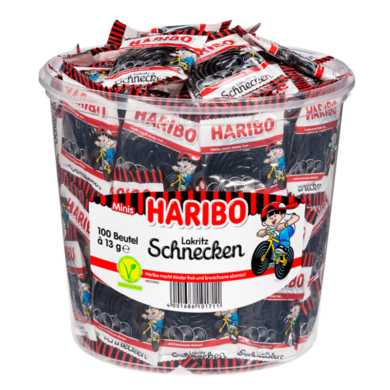 Haribo - Licorice Snail Minis - 100 Bags, 1, 3kg Can