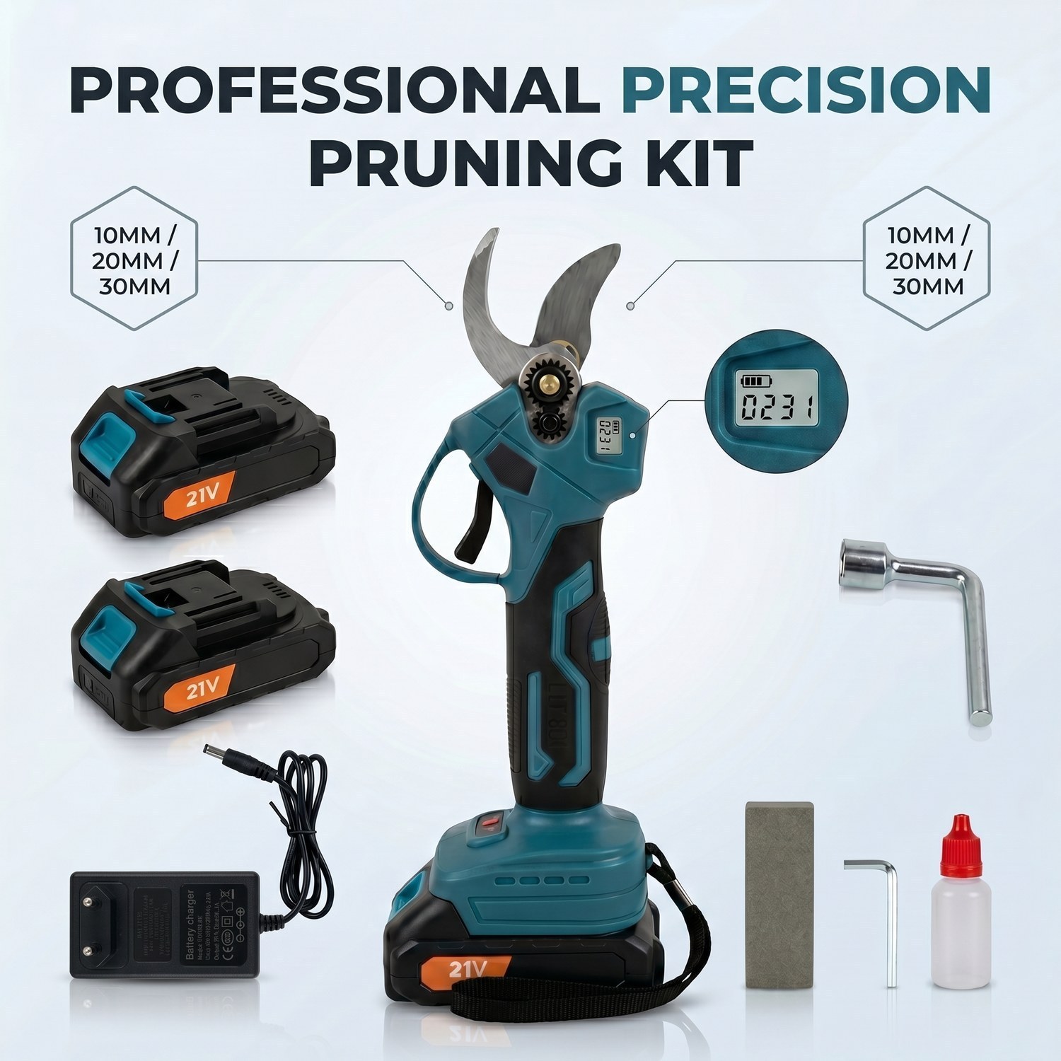 Image of Cordless Electric Pruning Shears, 21v Battery Powered Tree Branch Pruner, Cuts Up To 30mm, Garden With Lcd Display, 2 Rechargeable Batteries & Charger Included
