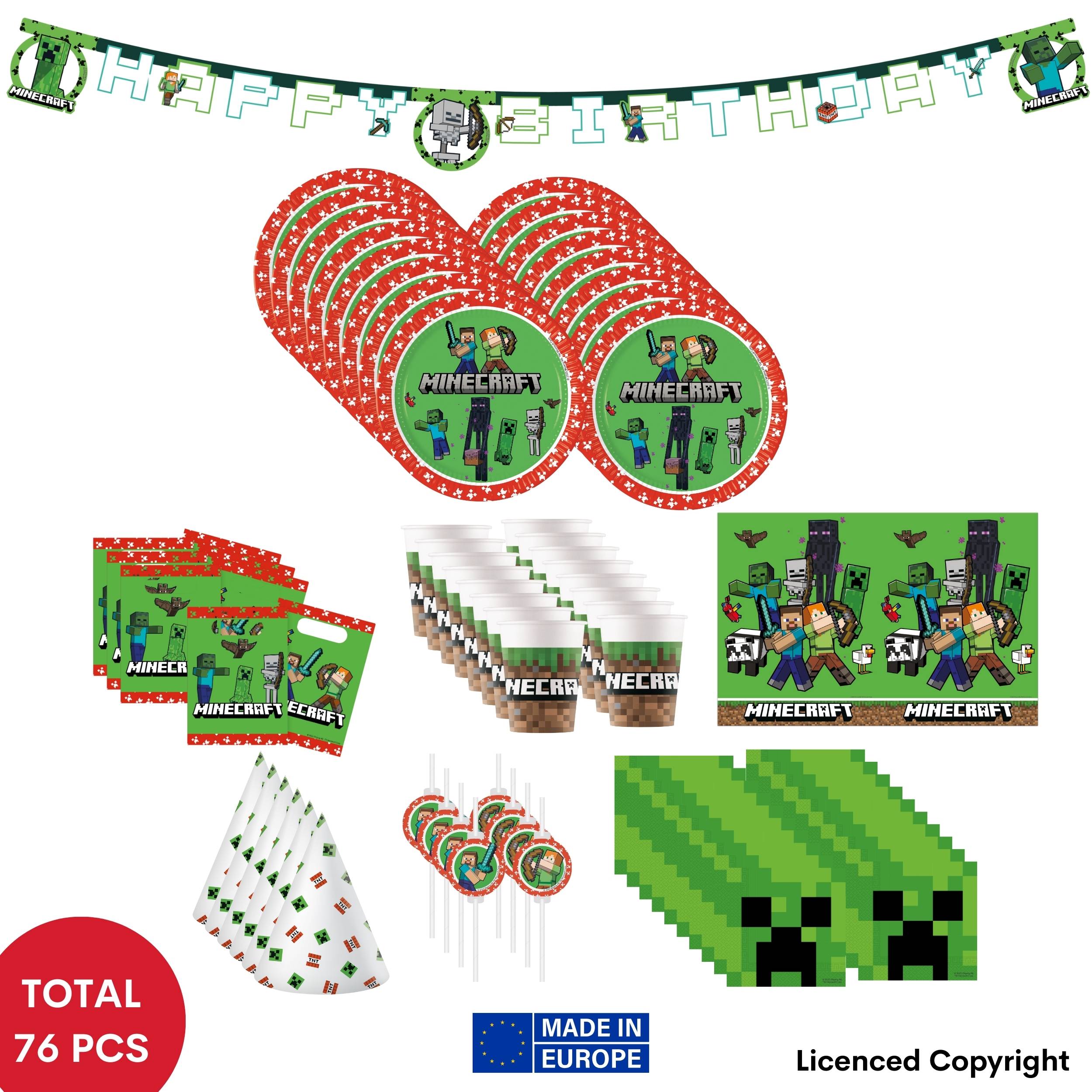 TEMU 76-tlg. Minecraft Party Set für Kindergeburtstag & Motto-Feier  Komplett-Set mit 1 Happy Birthday Papierbanner, 20 Servietten (33×33 cm), 16