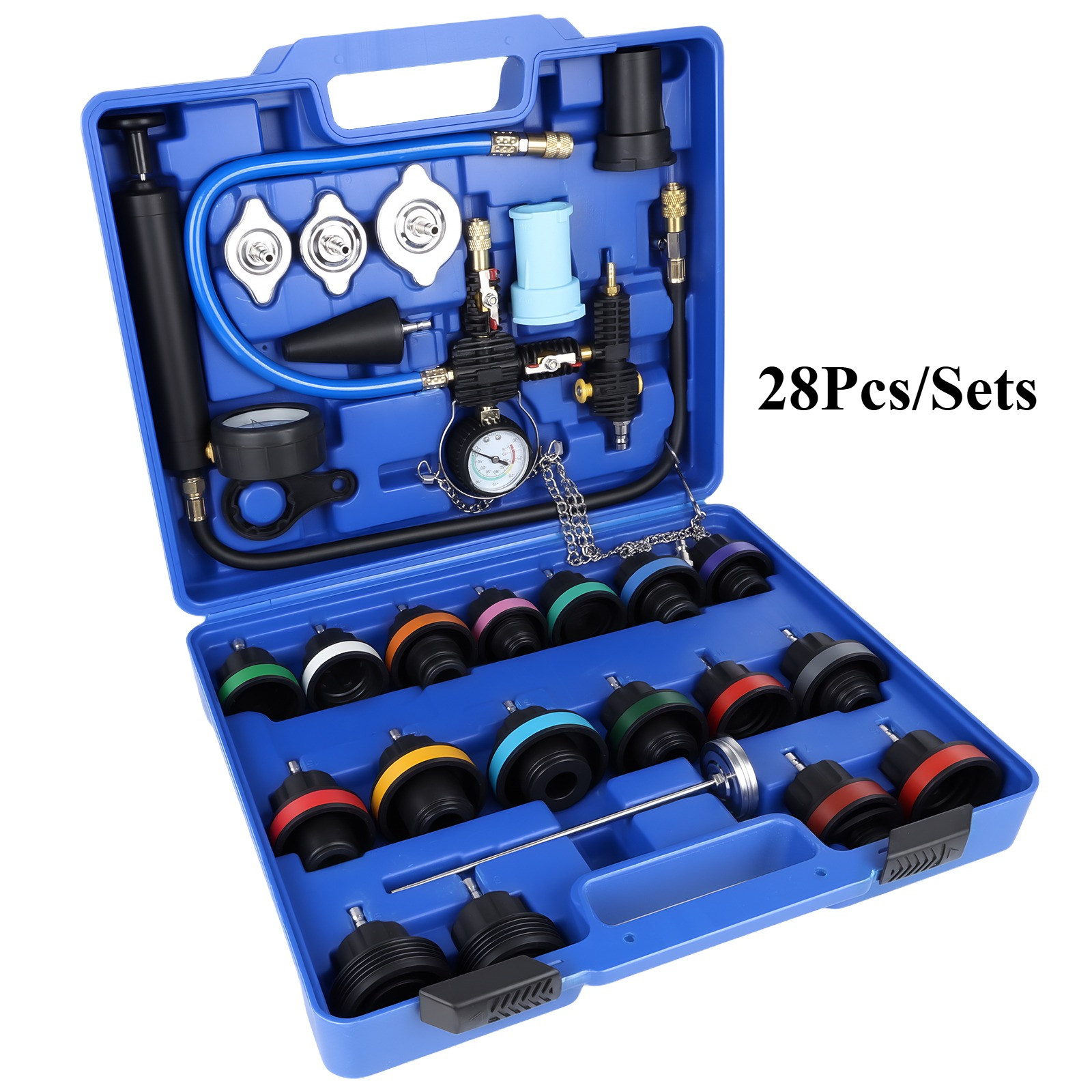 Radiator Coolant Pressure Tester Vacuum Refill Tool Kit, 28pcs Automotive Cooling System Leak Test And Pneumatic Purge Fill Set With Testing Adapter Caps Universal For Airlift Car