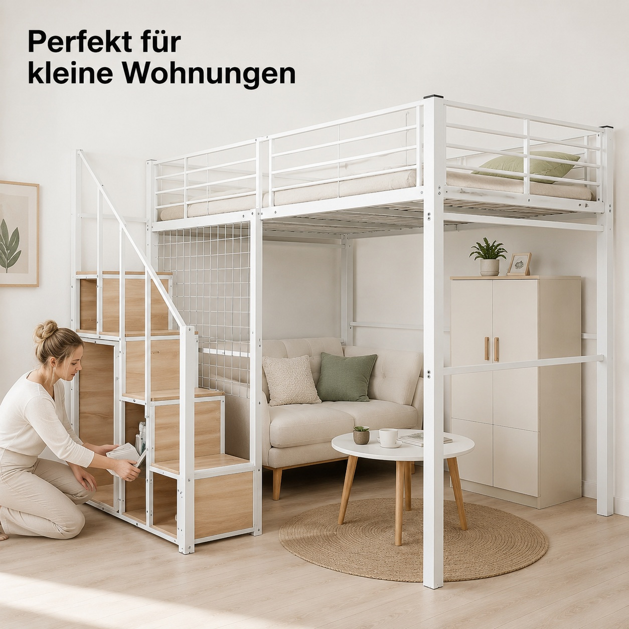 140*200cm High Bed With Integrated Ladder & Storage Compartments, Stable Metal Bed For Shared Flat & Wg, Underbed Area As Or Wardrobe, With Wood Paneling And Protective Railing For Safe Living In .