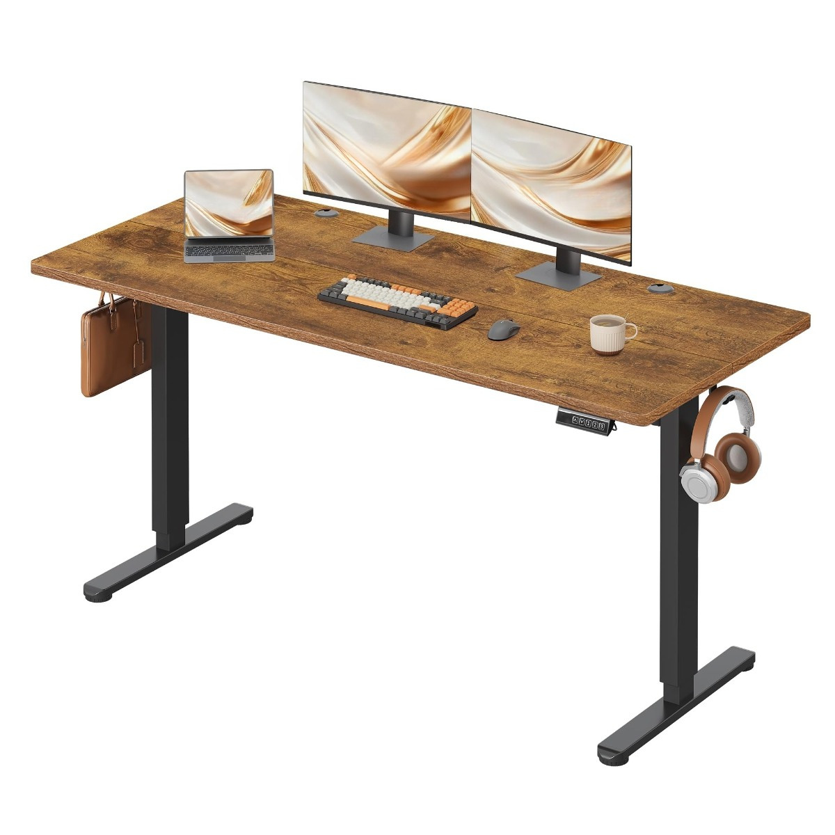 Image of Height-adjustable Desk 160 X 70 Cm With Memory Function For 3 , Sit-stand Desk, Height Adjustment 72-118 Cm, Ergonomic Computer Desk For Office, Oak Colour/brown