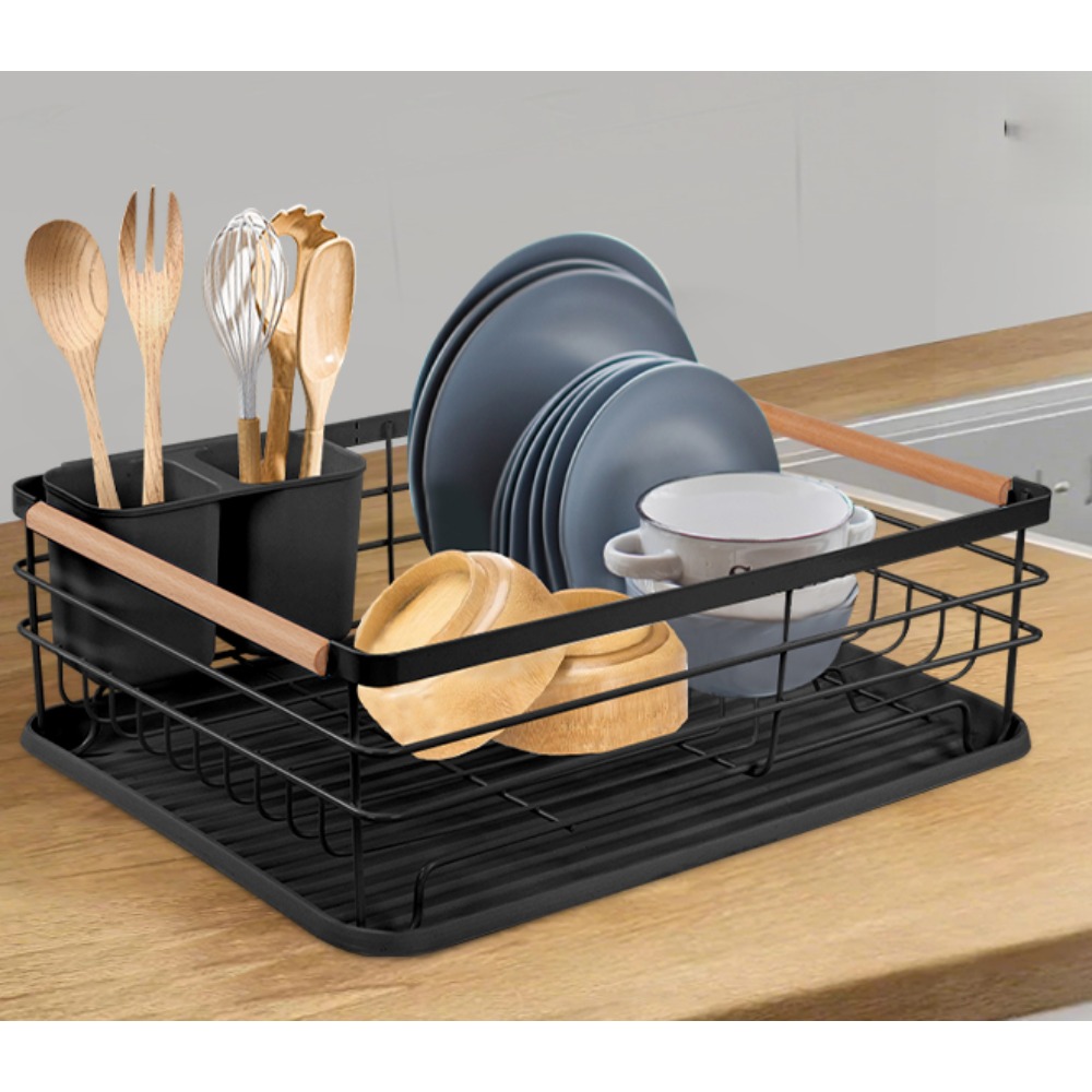 Image of Drainer Rack With Removable Drip Tray - Large Space- Metal Frame With Wooden Handles For Plates, Bowls & Utensils