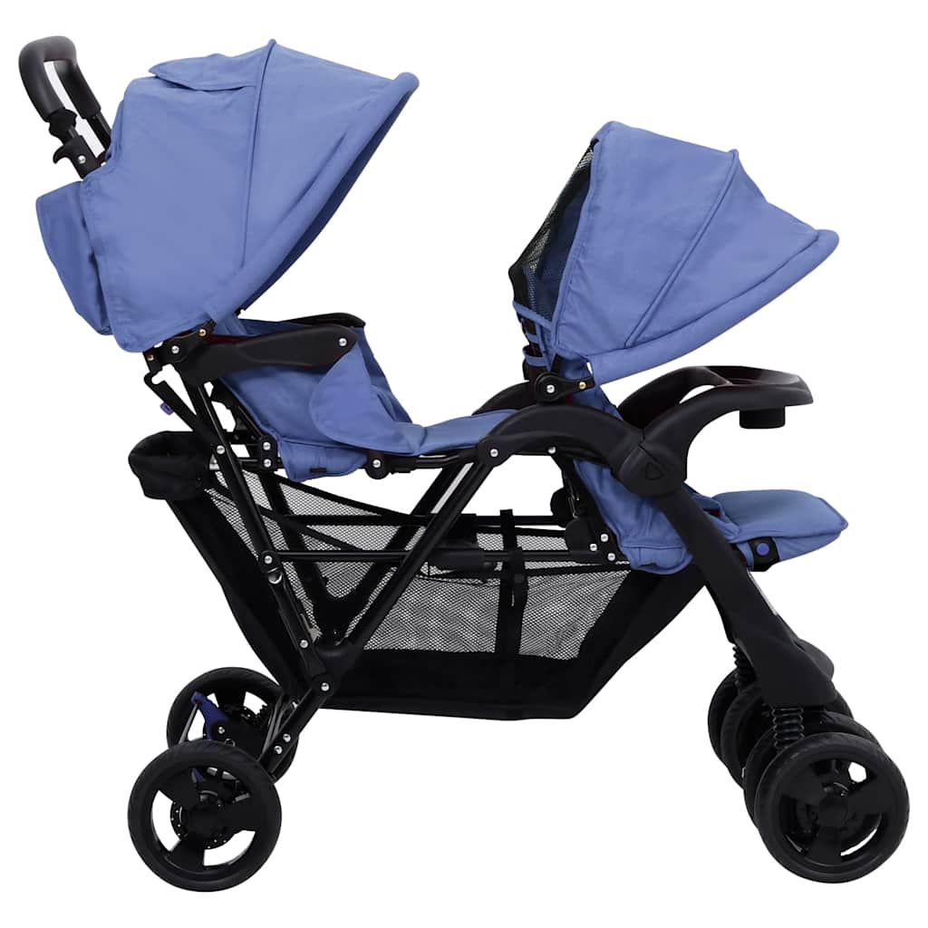 Marineblauwe Stalen Dubbele Wandelwagen – Tweelingwagen, Opvouwbare Wandelwagen, Lichtgewicht Babywagen, Babyaccessoires, Kinderveiligheid