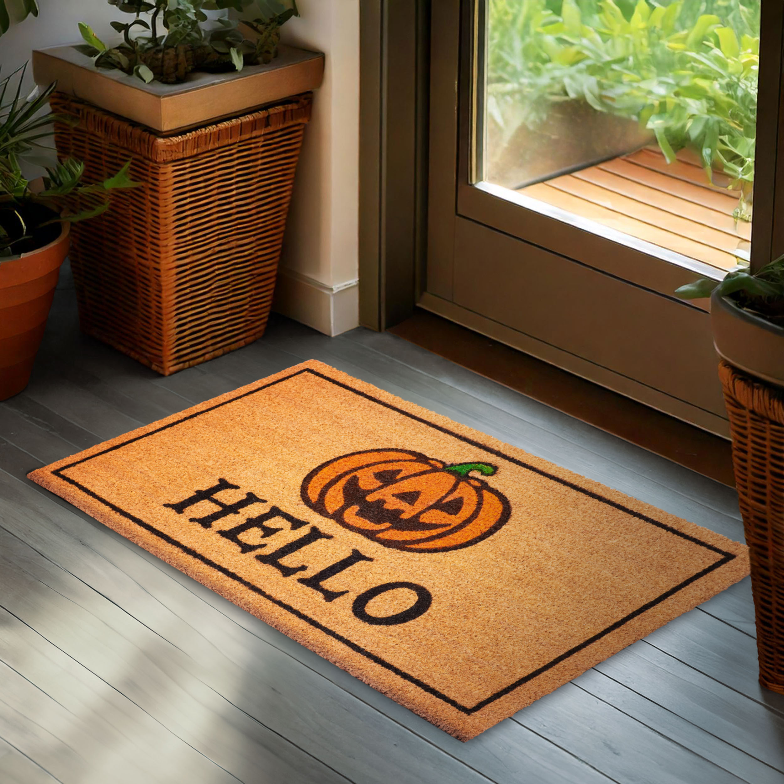 Image of Brubaker Halloween Doormat For Outdoor And Indoor Use - Hello With Creepy Pumpkin - 45 X 75 Cm Dirt-catching Mat Made Of 100% Coconut - Anti-slip And Weather-resistant Door Mat.