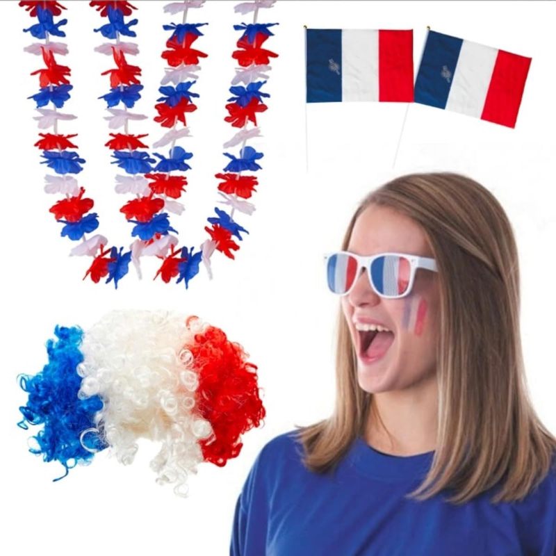 TEMU Sparklers Club - Pack Supporter France les - Perruque Afro Tricolore, 2 Drapeaux 30x45 Cm, 2 Hawaïens, Lunettes Grille - Kit Complet 6