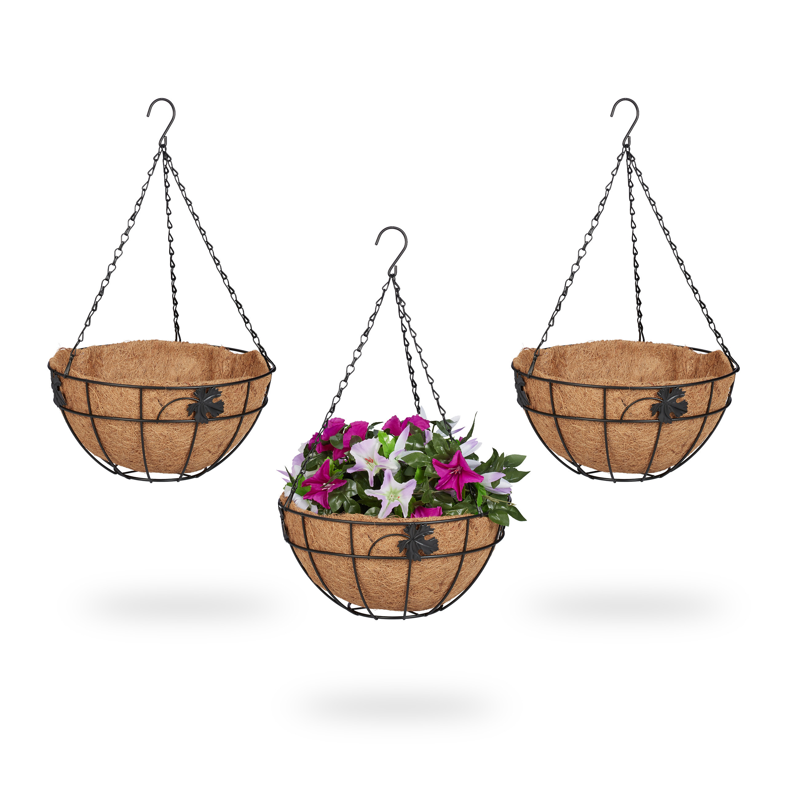 3 X Hanging Flower Baskets In Brown/black - (h)48 X Ø31 Cm
