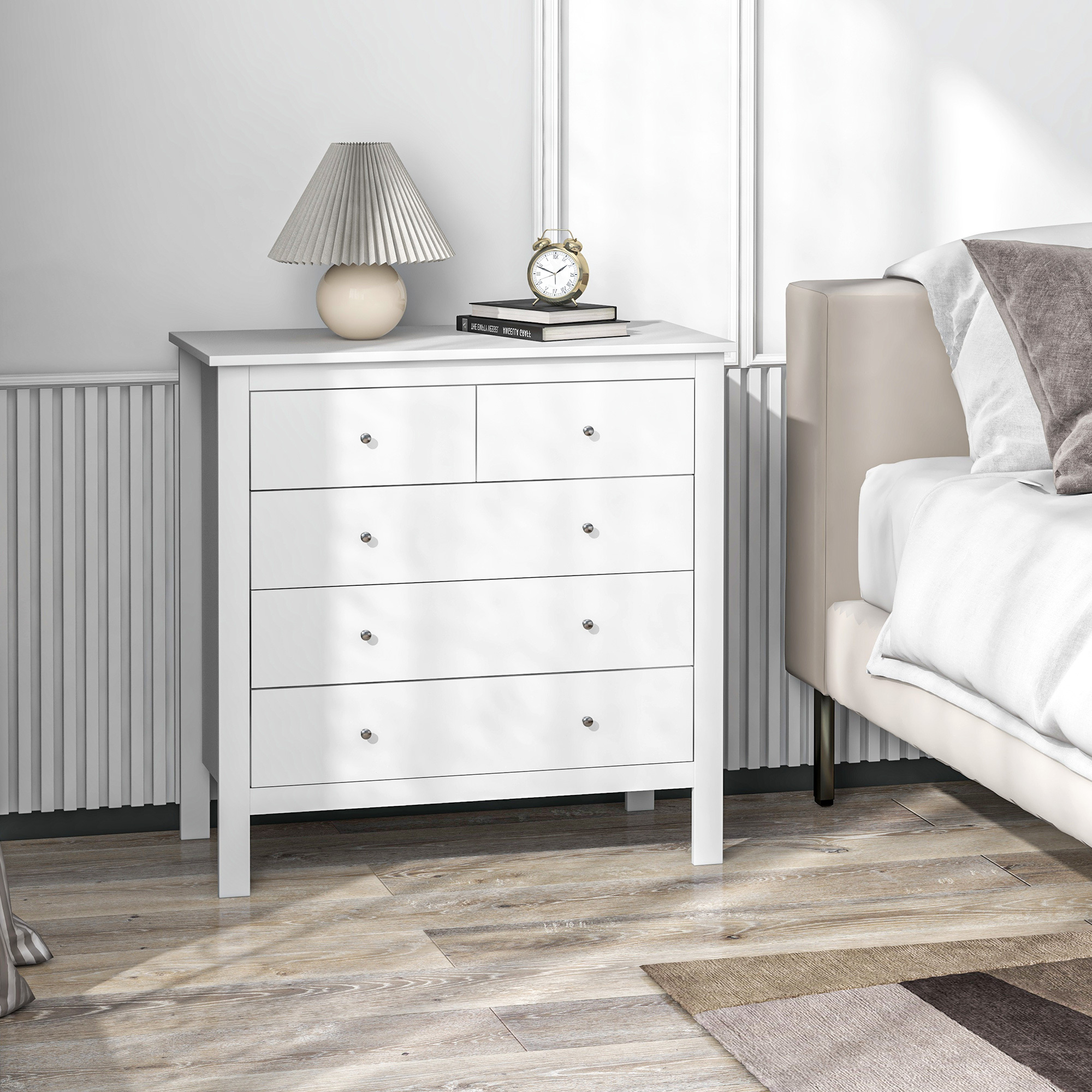 Modern 5-drawer Sideboard Dresser Storage Cabinet For Living Room, Bedroom, Hallway, White, 79 X 39.5 X 80.5 Cm