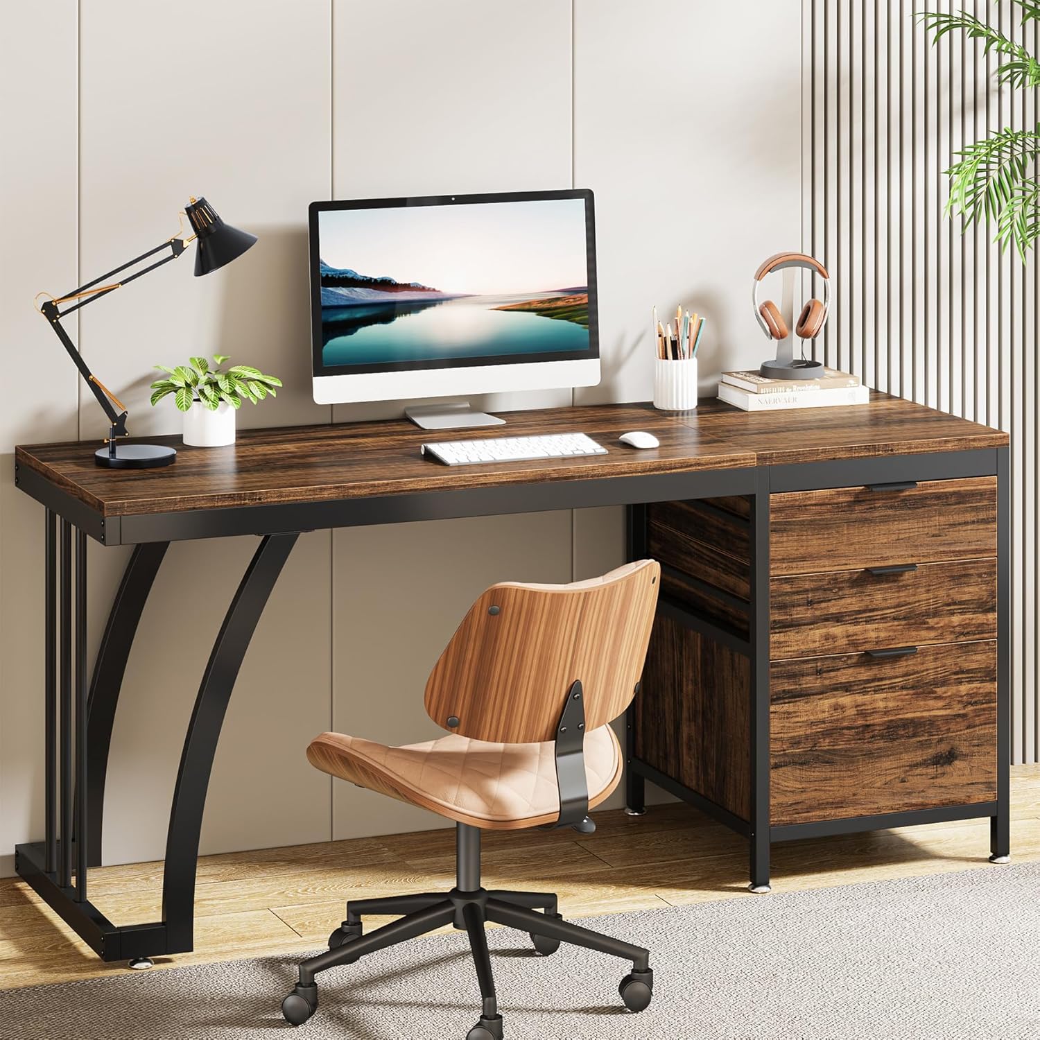 Image of Vintage Computer Desk With 3 Drawers, 150 Cm Pc Desk With Reversible Drawers, Industrial Desk With File Tray For Home Office (rustic Brown)