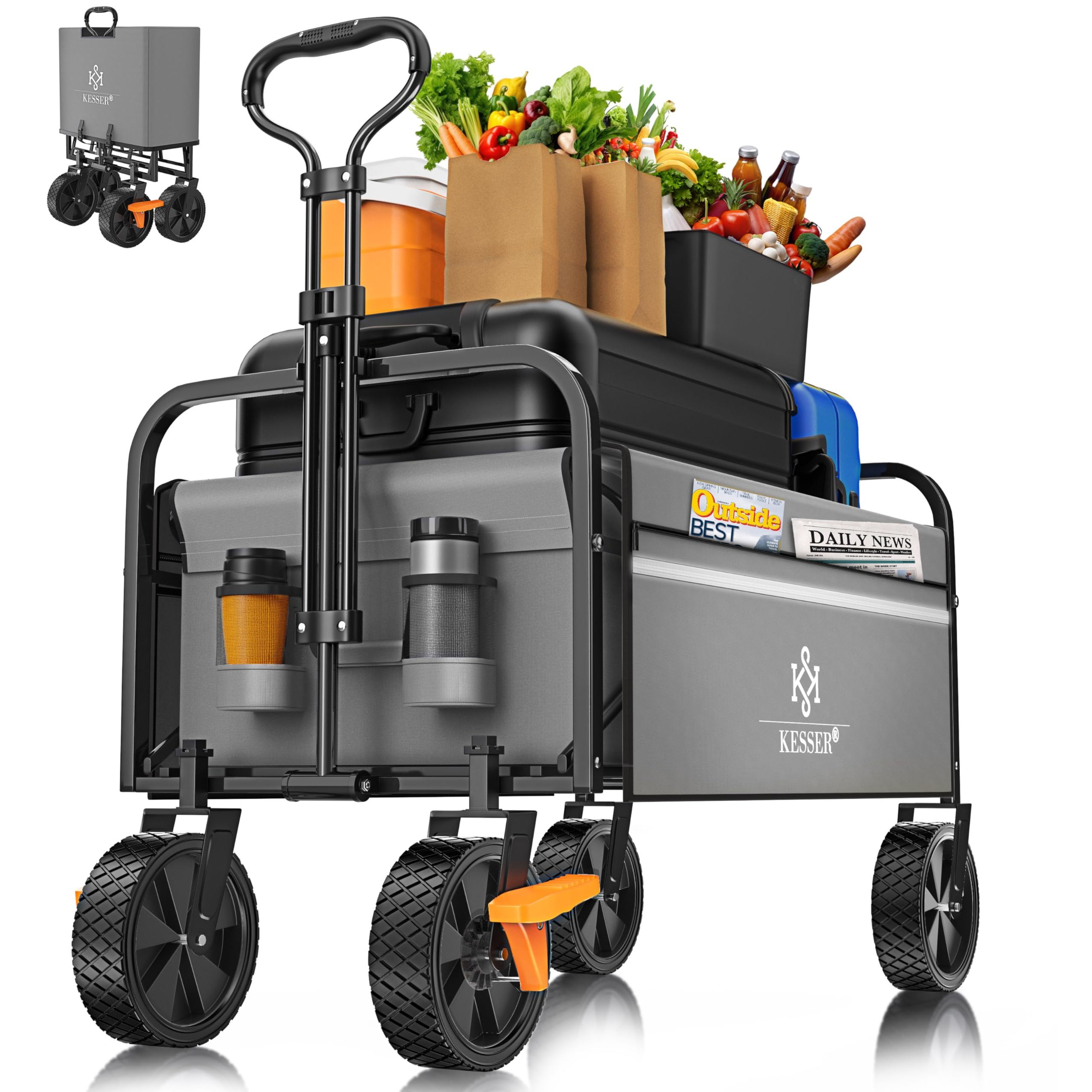 Image of Kesser® Foldable Hand Cart, 360° Pvc Wheels, 150kg Capacity, Utility Cart With 2 Mesh Pockets, Side Pocket & Cover, Garden Trailer Without Roof, Gray