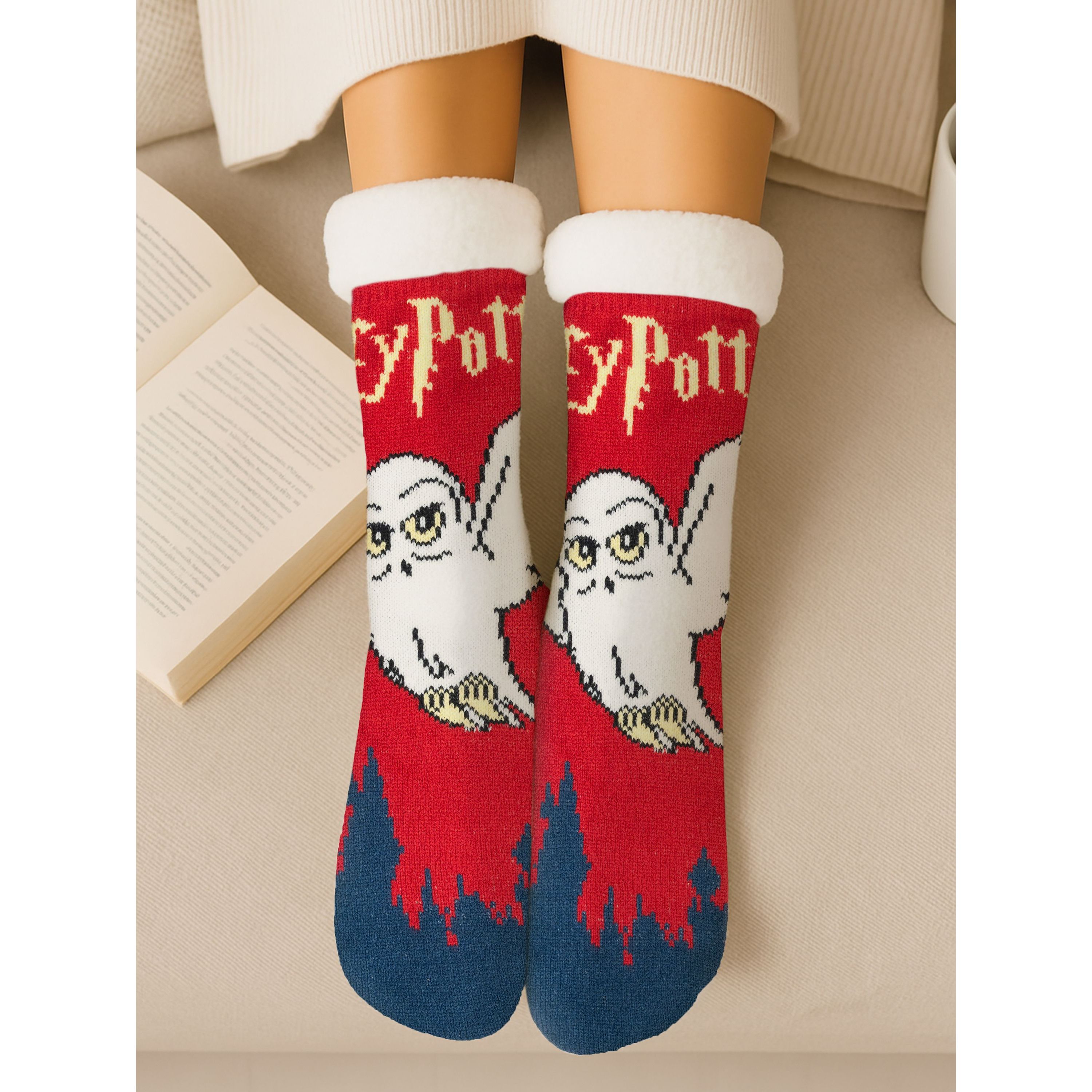 Image of Harry Potter Cabin Socks - Slipper Socks For Women, Owl Cozy Socks, Fluffy Winter Socks, Warm Women's Socks, Red/blue