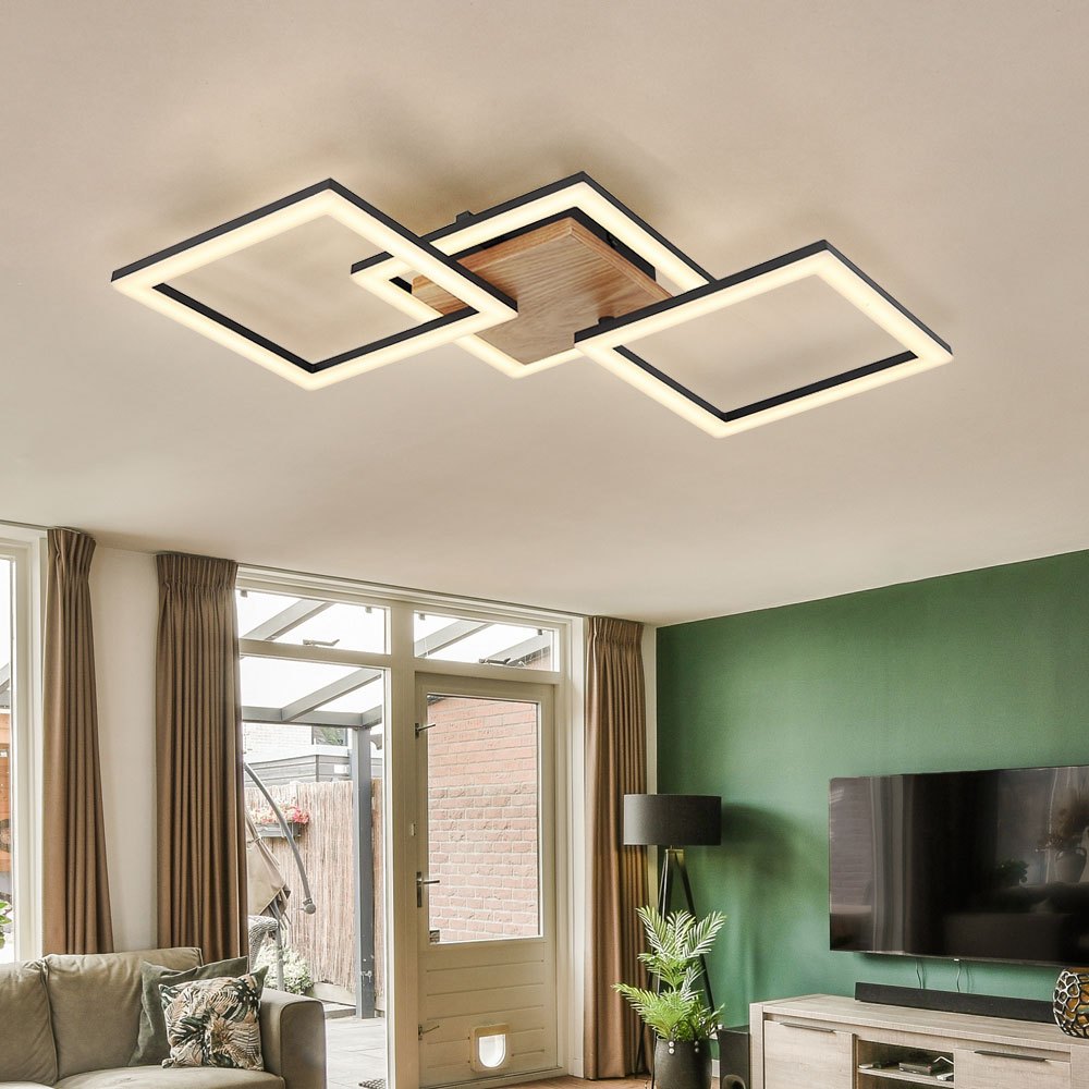 Image of Led Ceiling Lamp Wooden Swivel Living Room Ceiling Light Black, Metal Opal, 30w 2200lm Warm White, Lxbxh 66x31x7.5 Cm