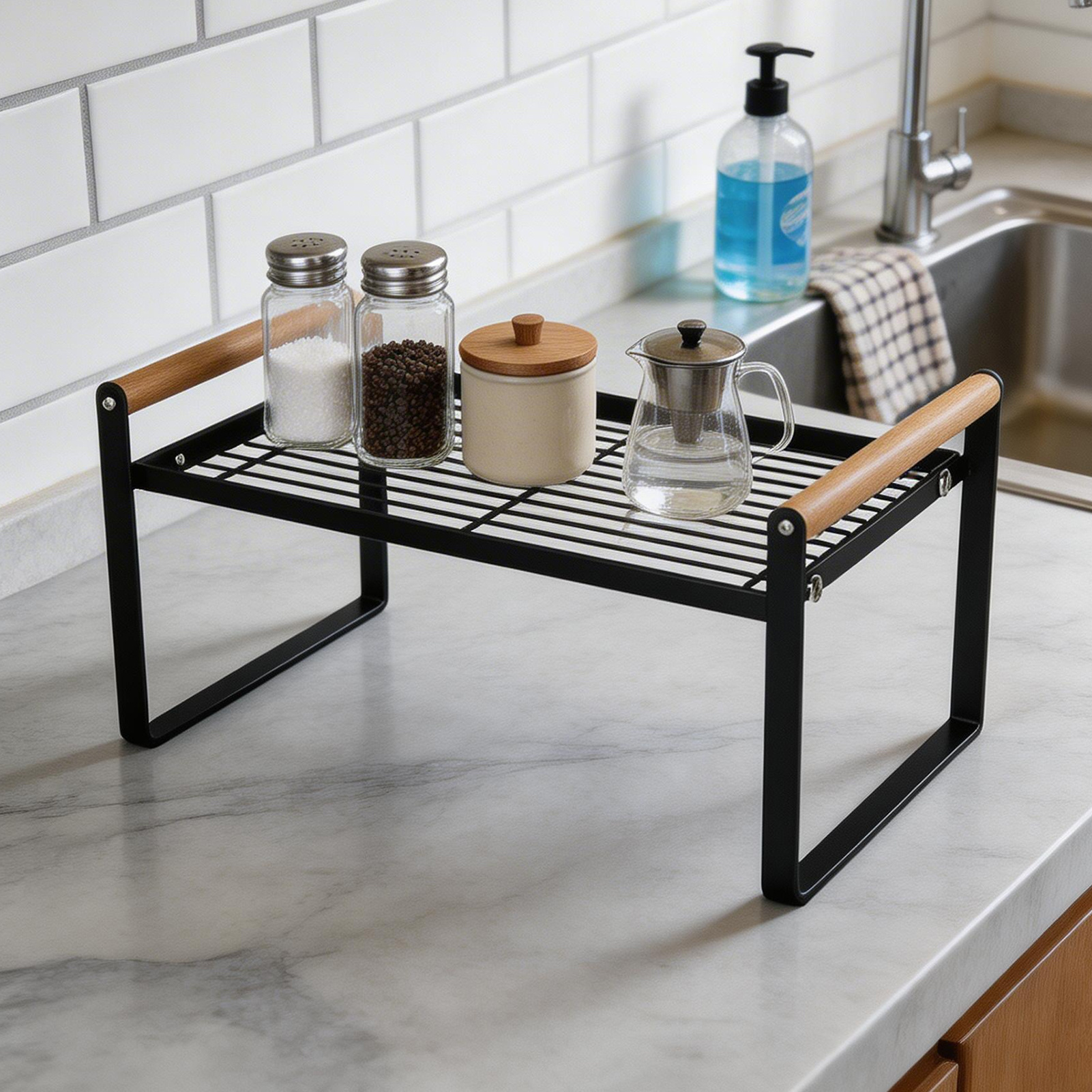 TEMU Compact Black Metal Kitchen Shelf, Small 2-tier Countertop Spice Rack And Dish Drying Rack For Plates And Jars, Heavy Duty Iron Organizer, For